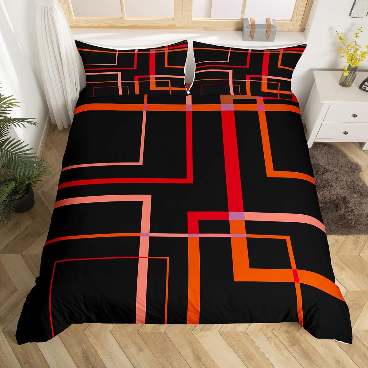 Homewish Geometric Square Bedding Single Black and Red Orange Duvet Cover, Modern Abstract Bed Set Contemporary Rectangle Comforter Cover, Mid Century Lines Quilt Cover for Boys Girls
