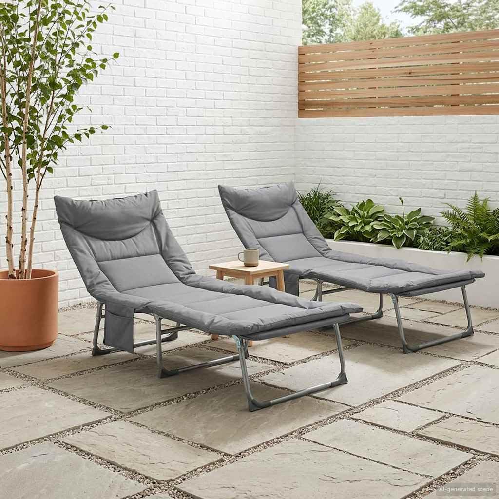 Genérico - Hamaca plegable de acero resistente con cojín (2 unidades), color gris | Poliéster Oxford, Respaldo de 5 posiciones, Bolsillo lateral, Pies antideslizantes, Plegable