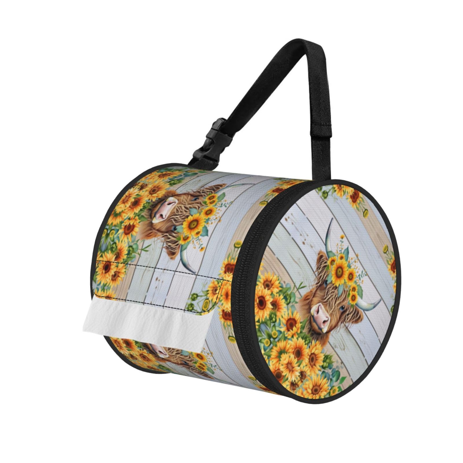 Highland Cow Sunflower Print Round Tissue Dispenser Bag With Carry Strap, Portable Roll Holder For Car Travel Home