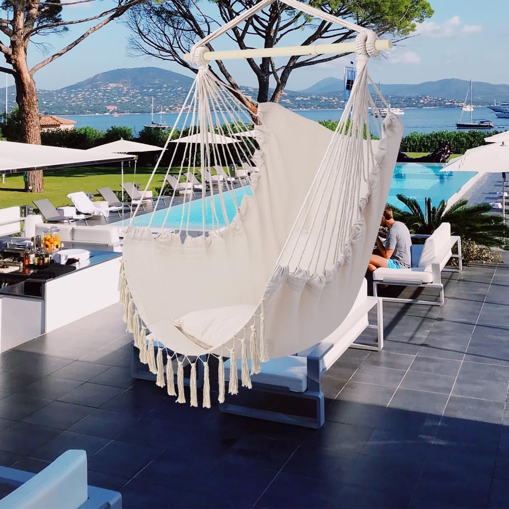 Indoor & Outdoor Patio Hanging Swing Chairs,Tassel Hanging Swing Hammock Chairs,Cotton Woven Swing Chair,Comfortable Porch Swing Chair,with Pillows,for Outside Home Bedroom Yard Garden (Beige)