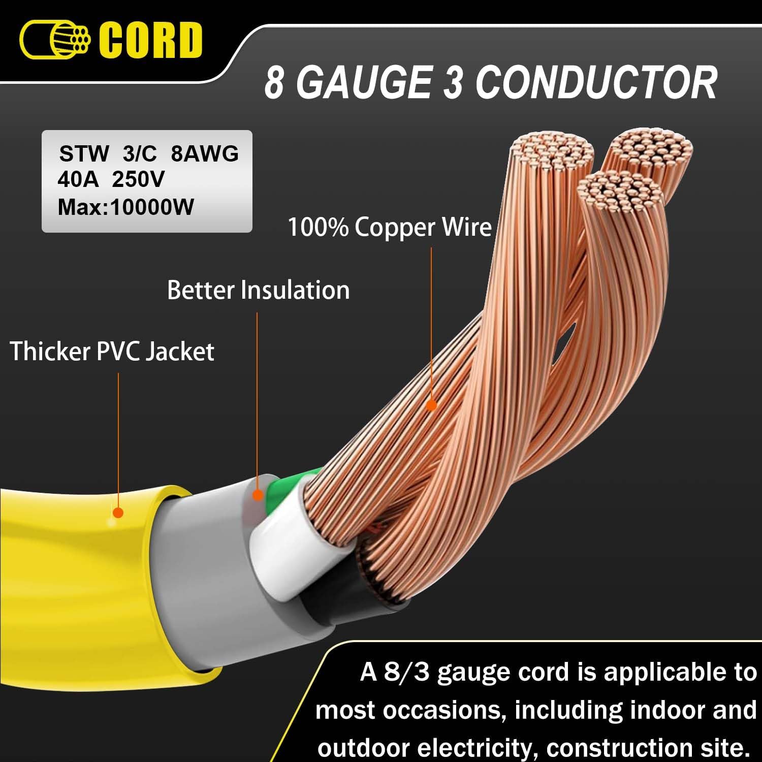 25FT 250 Volt Welder Extension Cord 8 AWG for 40 Amp, 8 Gauge Power Extension for Welding Machine NEMA 6-50P to 6-50R