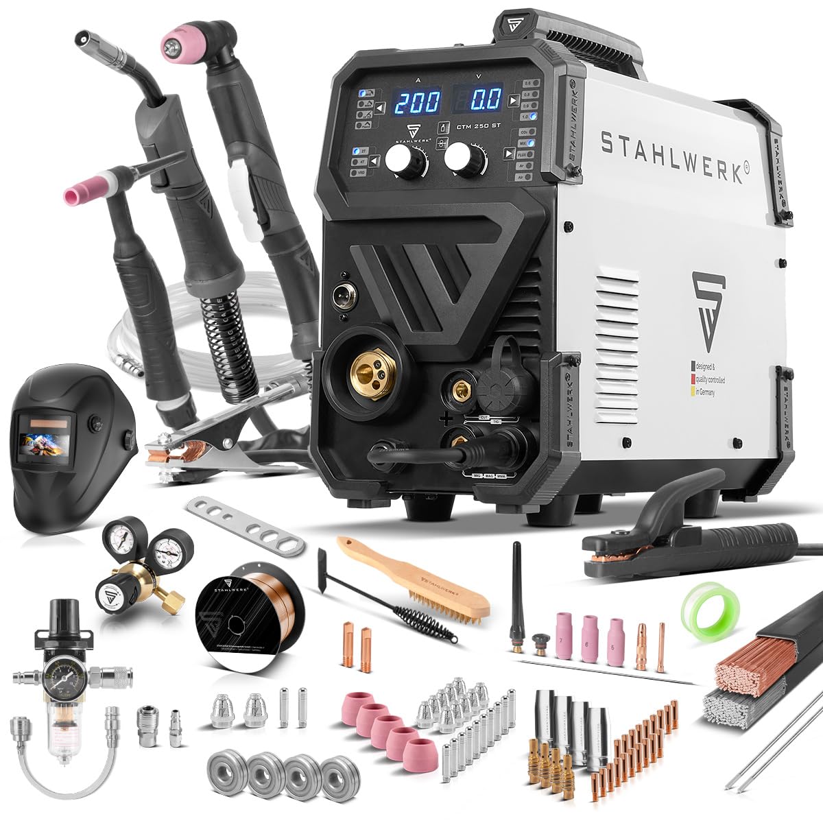 STAHLWERK Poste à souder combiné 4-en-1 CTM-250 ST – Kit complet – TIG, MIG/MAG, MMA (ARC), FLUX (fil fourré) jusqu'à 200 A, CUT (plasma) jusqu'à 45 A, capacité de coupe jusqu'à 14 mm