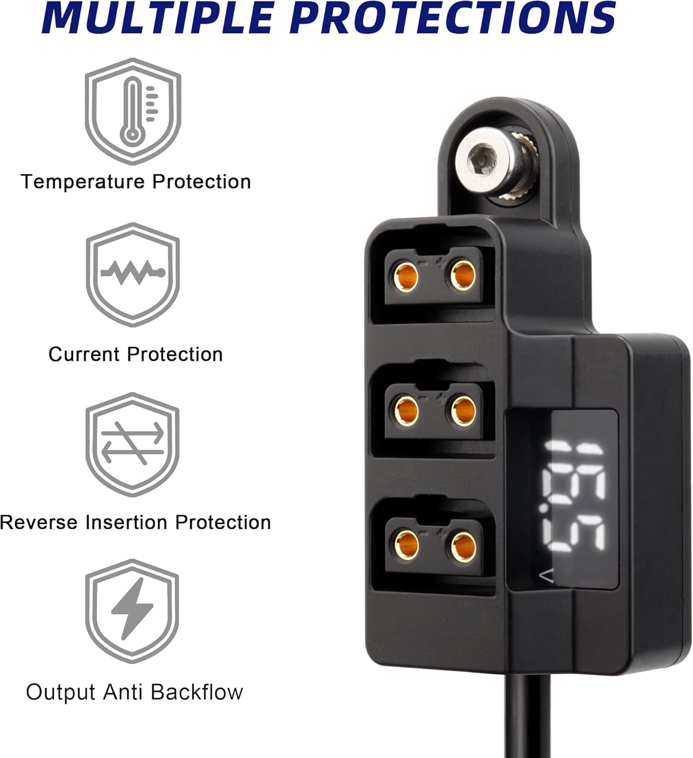 D-Tap 1×3 Power Splitter Adapter with Voltage Display & 1/4 Mounting Screws for V-Mount/Gold Mount Battery,Camera Cage,Video Transmission, Monitor, BMPCC 4K/6K, etc. (Coiled Cable Version)