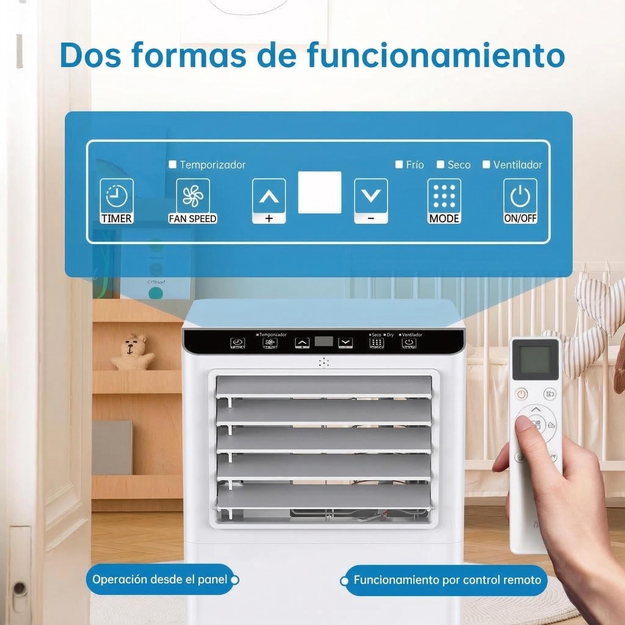 Aire acondicionado portátil 7000 BTU 2,0 kW(con mando a distancia), bajo consumo energético, pantalla LED, 4 modos, 2 velocidades de ventilador, 20 m², temporizador de 24 horas
