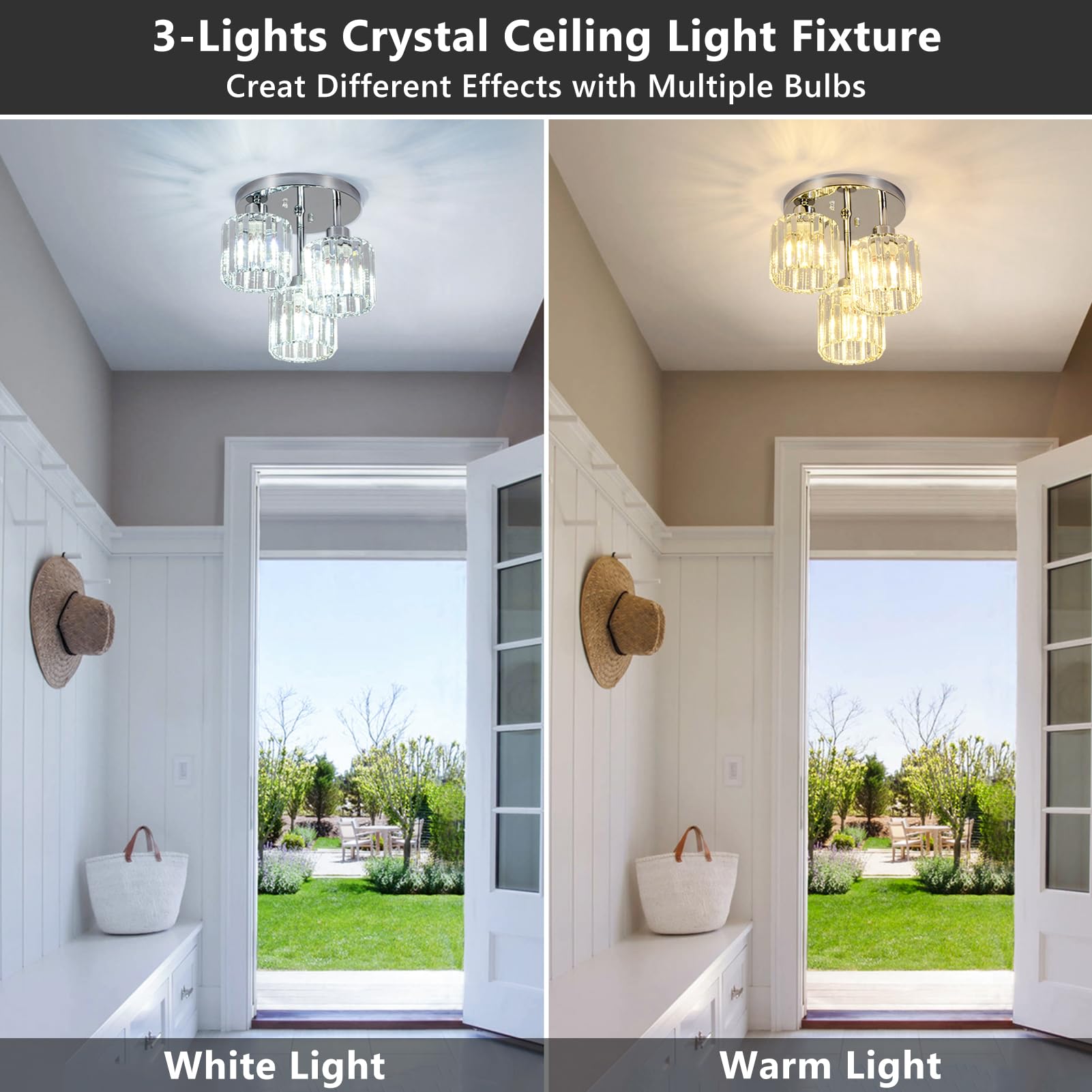 Rayofly Lámpara de Techo de Cristal Moderna, 3 Luces, Cromo para Salón, Pasillo, Baño, Dormitorio, Cocina