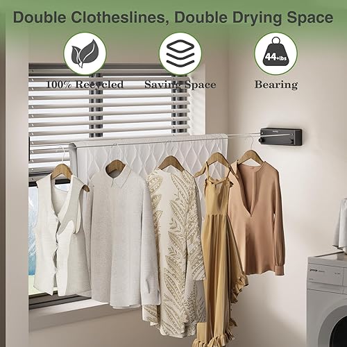 Vista 2 de Danpoo Tendedero retráctil para exteriores/interiores, líneas dobles para colgar ropa con alambre de acero de 13.8 pies, línea de ropa resistente