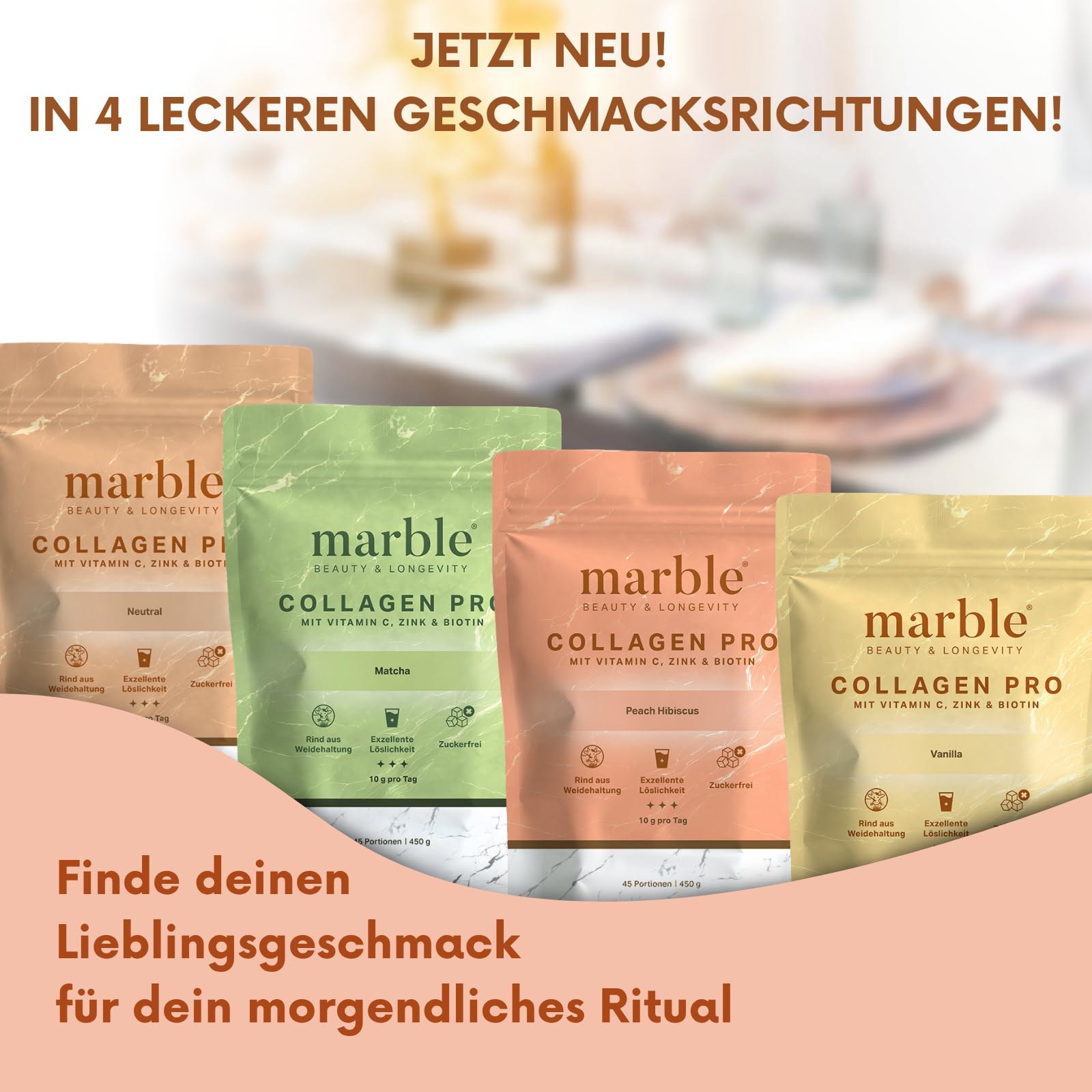 marble Poudre de collagène PRO 450 g – Poudre de collagène plus vitamine C, zinc & biotine – Peptides Skin Glow – Test sans risque pendant 60 jours – En bœuf de saule avec une solubilité parfaite
