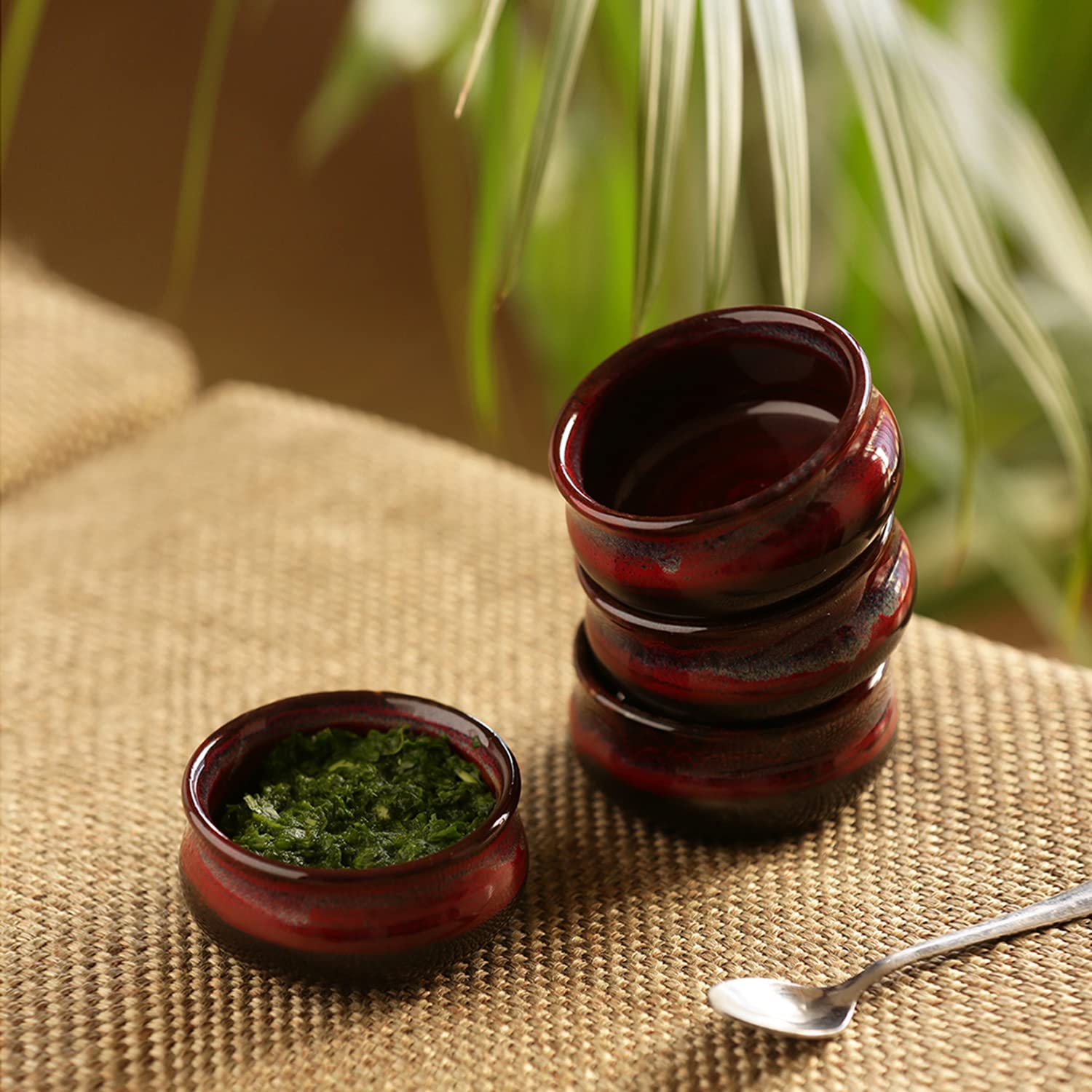 ExclusiveLane 'Blushing Lava' Hand Glazed Studio Pottery Ceramic Chutney & Pickle Bowls (Set of 4) - Bowl Set for Kitchen Ceramic chutney Bowls Set for Serving Small Dip Pickle Bowls Set Ketchup Bowl