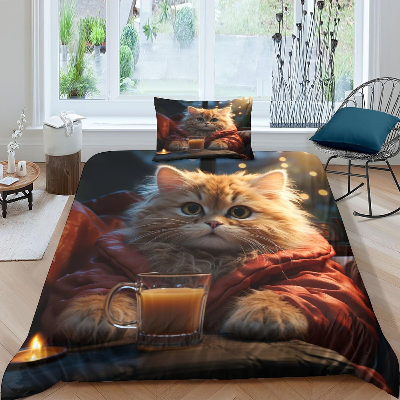 Housse de couette 3D ensemble de literie chat et taie d'oreiller fer