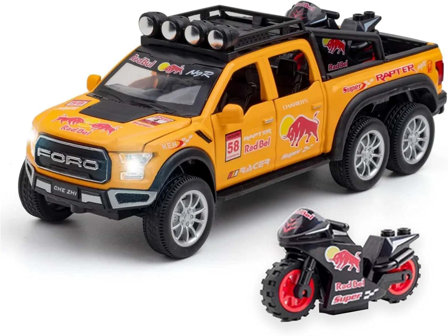 Swift 1:28 Scale Die-Cast Metal Toy Car F150 | Pickup Truck with Sound and Light, Trailer, and Sports Bike | Toy for Boys Aged 3+ (Black)