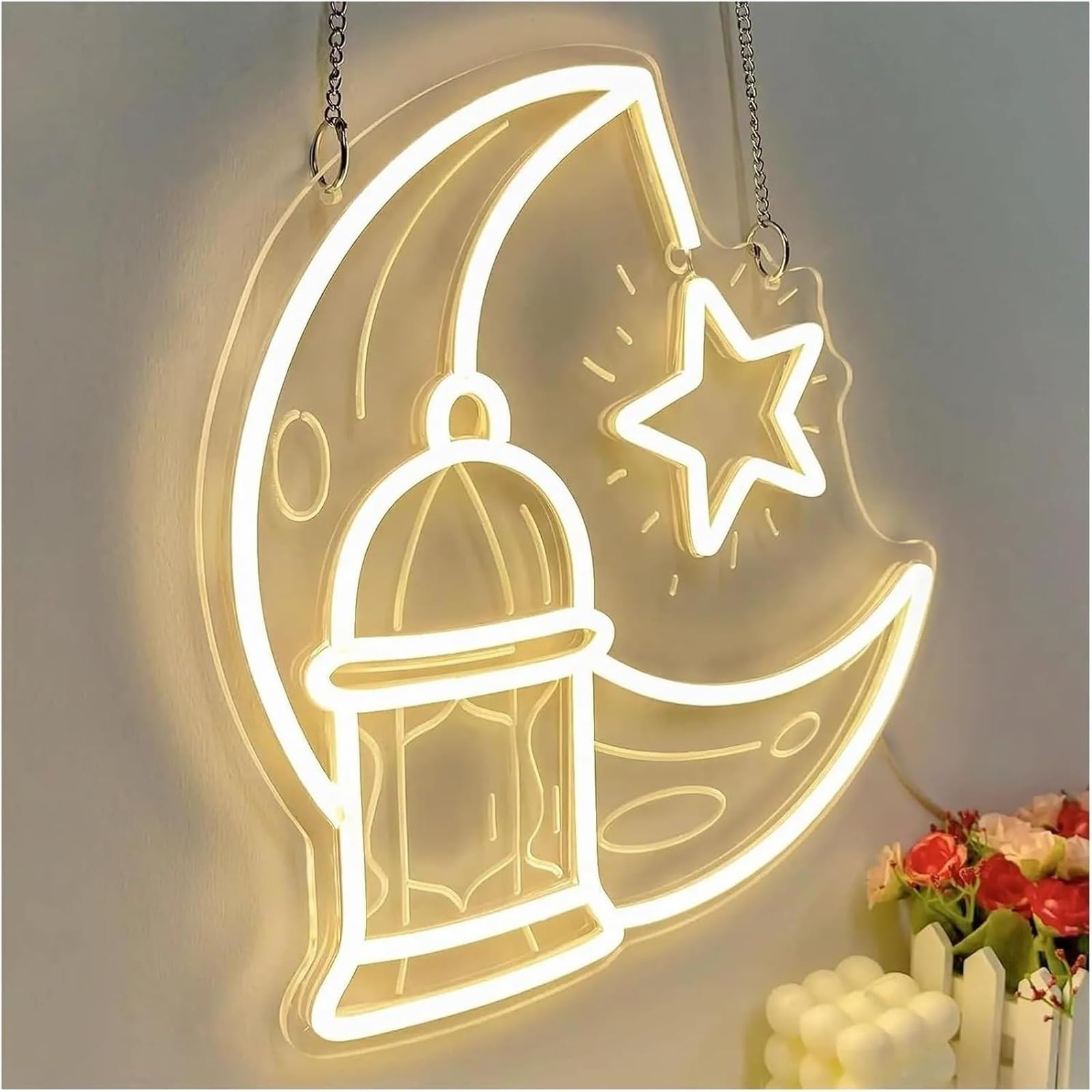 Carteles de neón de arte colgante Ramadán para letrero de neón Castillo Luna para estrella LED para par 34,1 x 32,5 cm