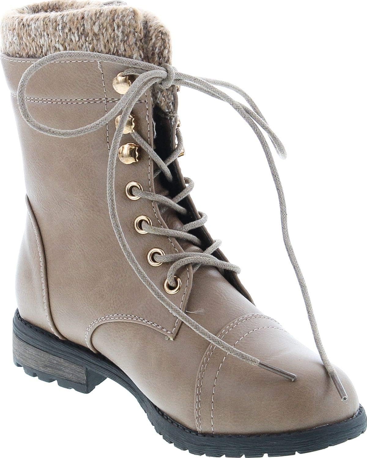 Link Mango-31 Girls Kids Round Toe Military Lace Up Knit Ankle Cuff Low Heel Combat Boots 2 Little Kid Taupe image 7 of 8 B01M10UVDN