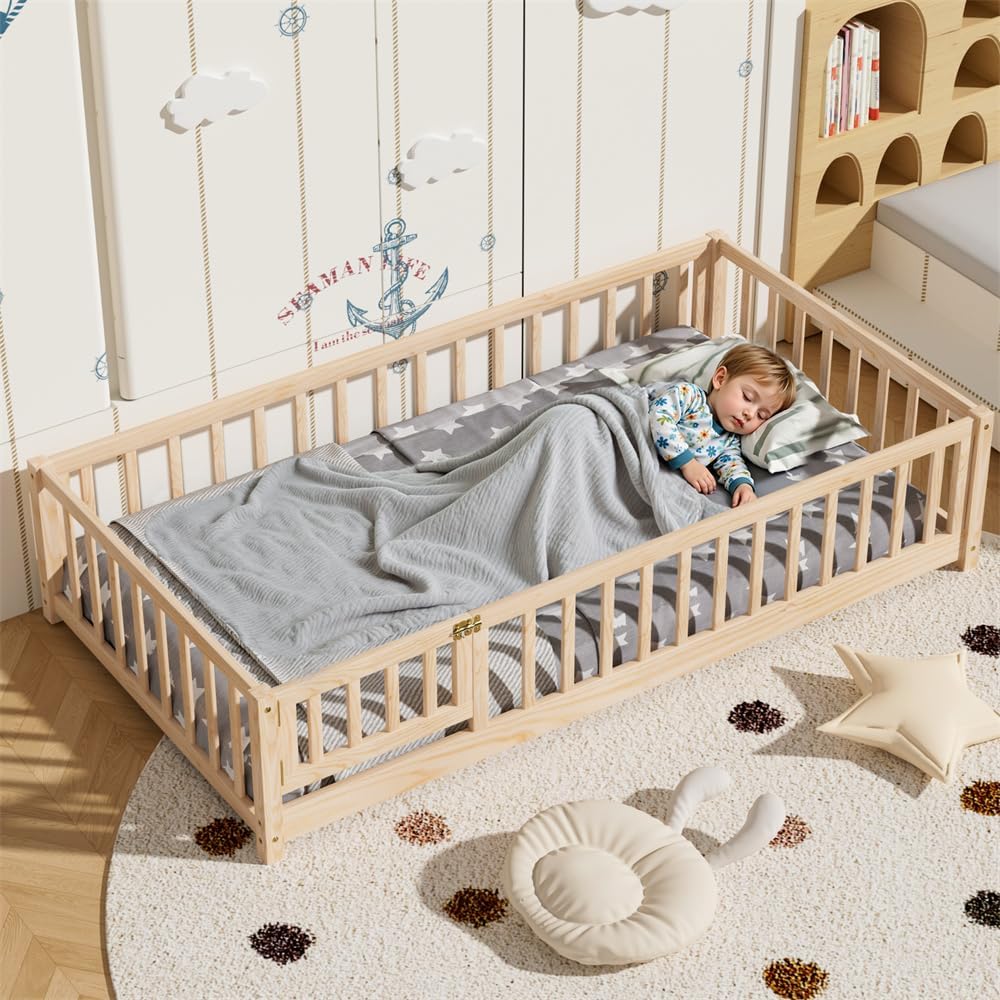 i-POOK Twin Floor Bed for Children, Sturdy Wood Montessori Bed Frame with Wood Slats, Fence & Door, Montessori Floor Bed for Girls and Boys, Natural Natural Twin