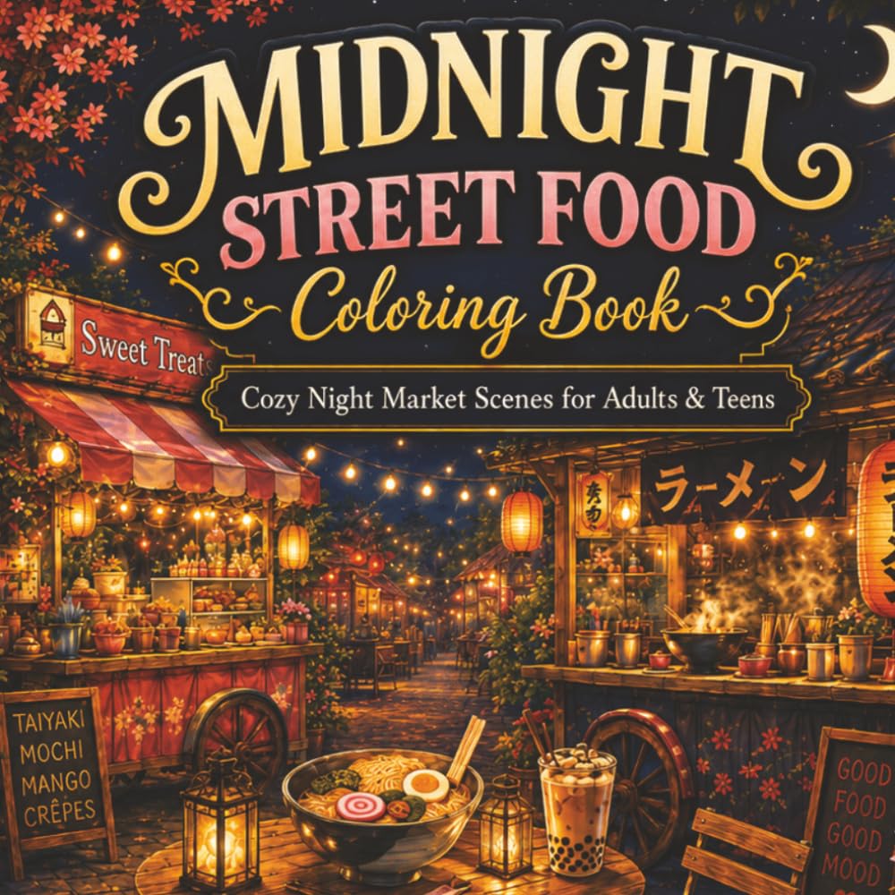 Midnight Street Food Coloring Book: Bold & Easy Night Market Scenes with Cozy Food Stalls, Lanterns, Vending Machines, Tiny Shops and Urban Evening Vibes