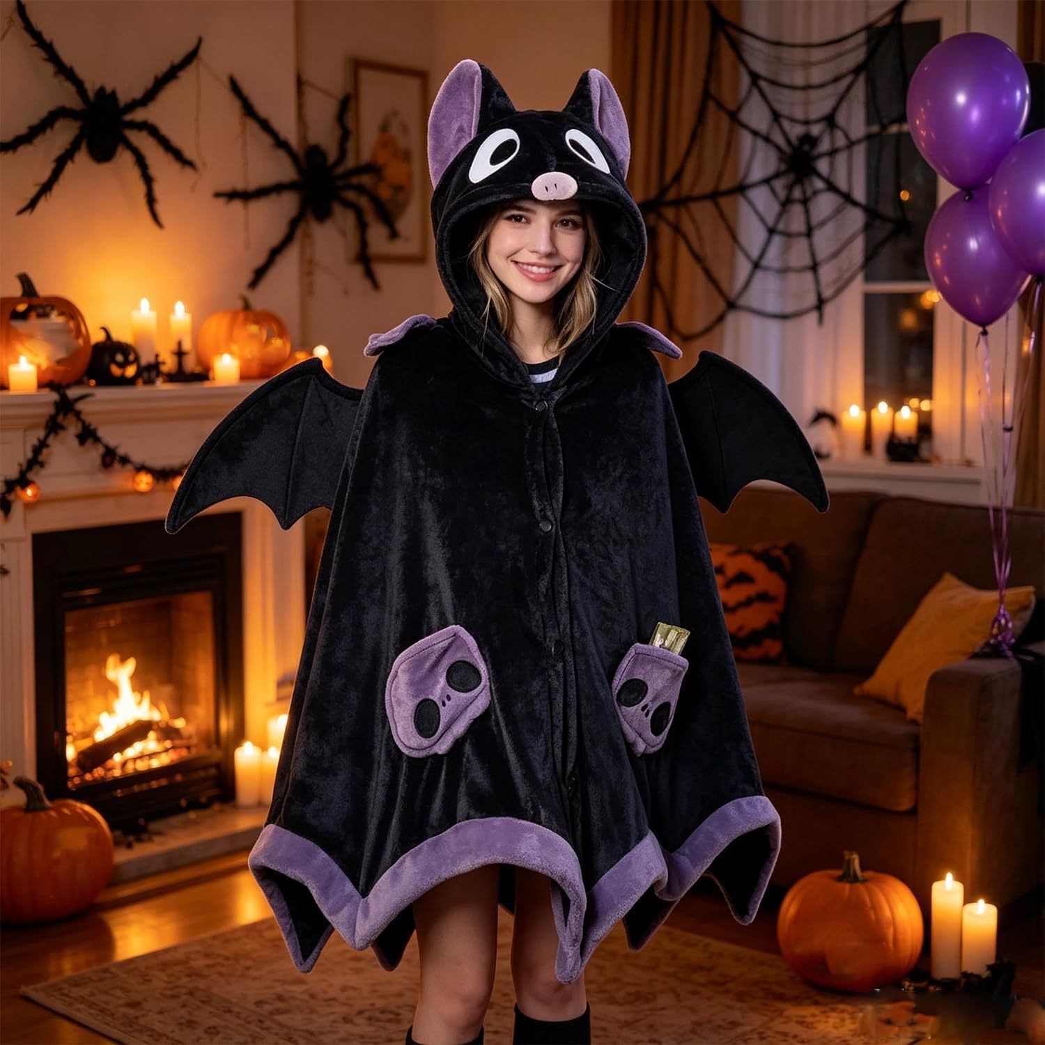 Adorabile felpa con cappuccio a forma di pipistrello per Halloween, con orecchie e ali in 3D