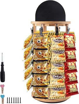 Chip Rack Display Stand, Chip Holder, 5 Tiers 40 Clips Snack Organizer | 360 Rotating Wooden Base Chip Holder Snack Holder for Pantry, Countertop, Concession Stand, Vendor and Retail Store