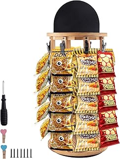 Chip Rack Display Stand, 5 Tiers 40 Clips Snack Organizer for Office Desk, 360° Rotating Wooden Base Chip Holder Snack Holder for Pantry, Counter, Concession Stand, Vendor and Retail Store