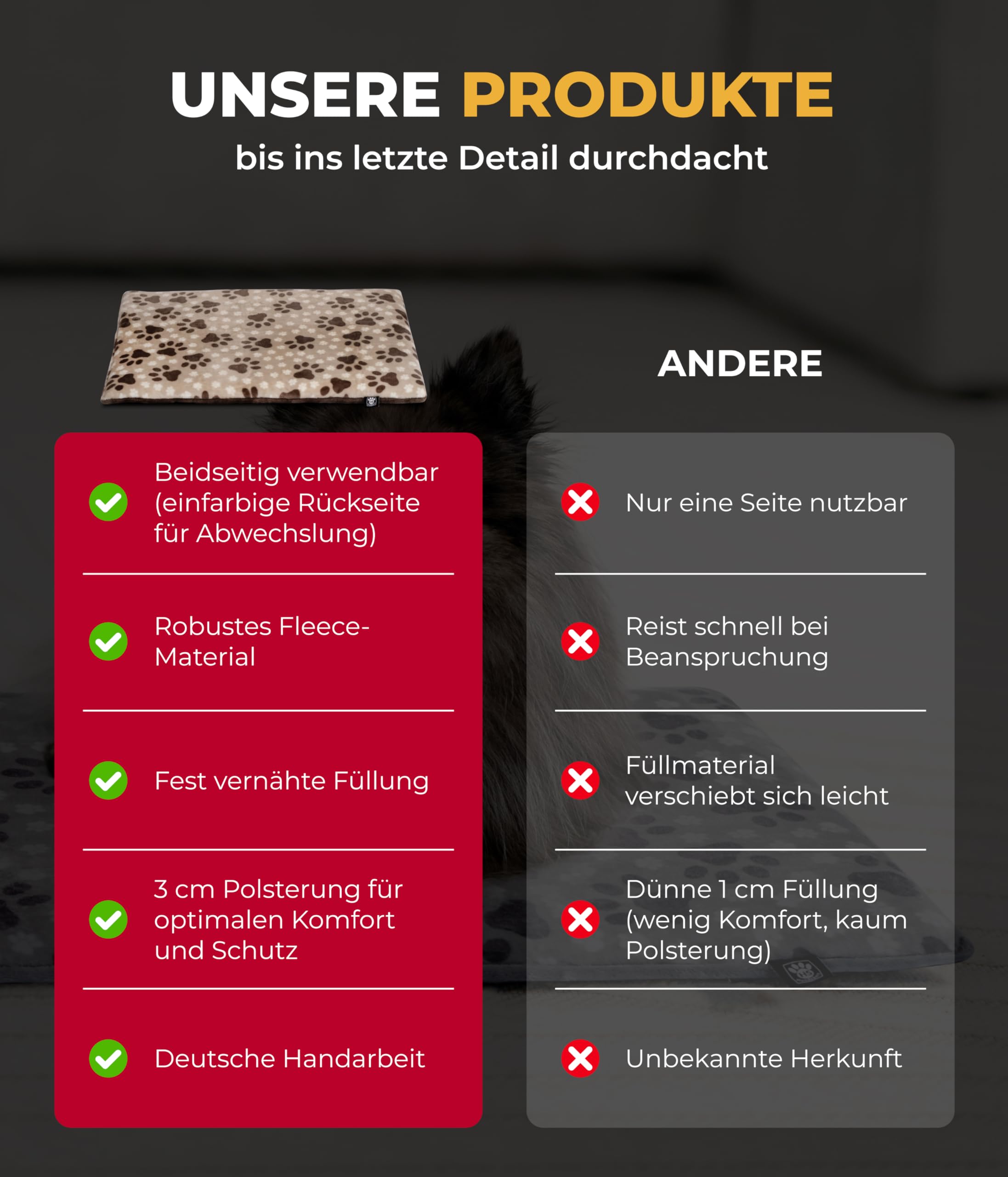 Hundedecke S (55x75 cm) – rutschfest & gemütlich Dank 3 cm Füllung – Perfekt fürs Sofa, Auto & Hundebox – Pfote Beige, Made in DE