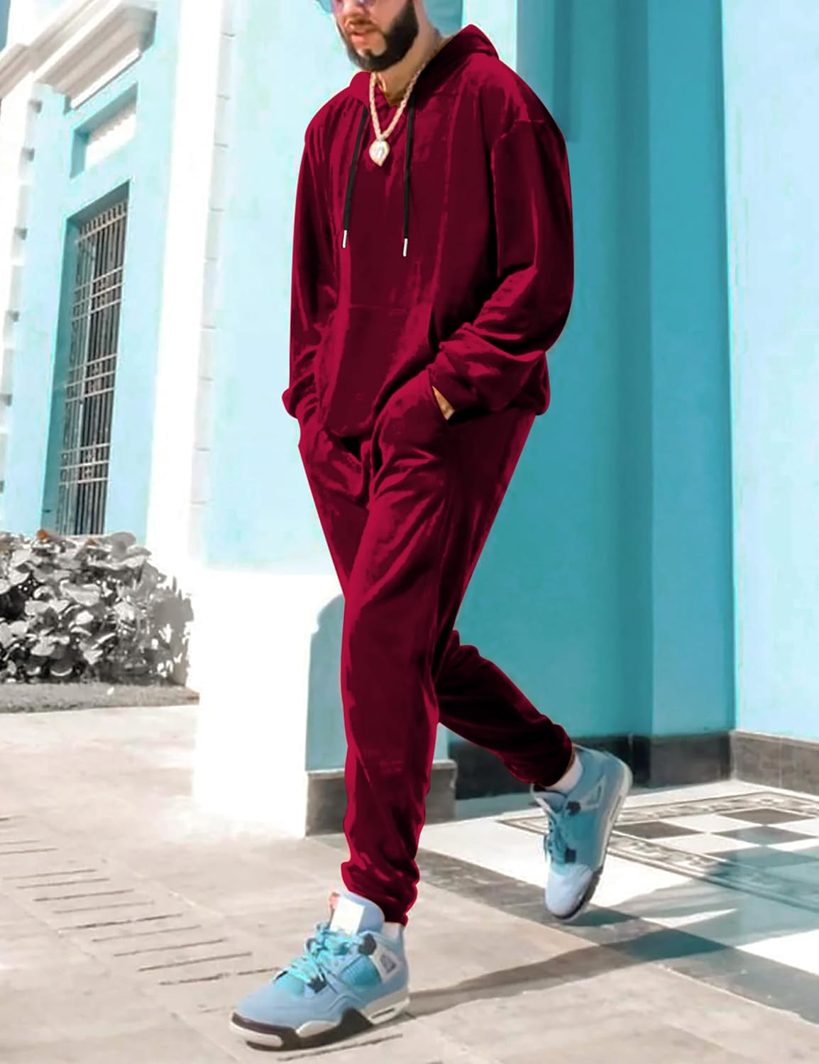 LecGee Mens 2 Piece Velour Hoodie Tracksuit Long Sleeve Velvet Hooded Pullover Casual Athletic Jogging Sweatsuit Set - Image 5