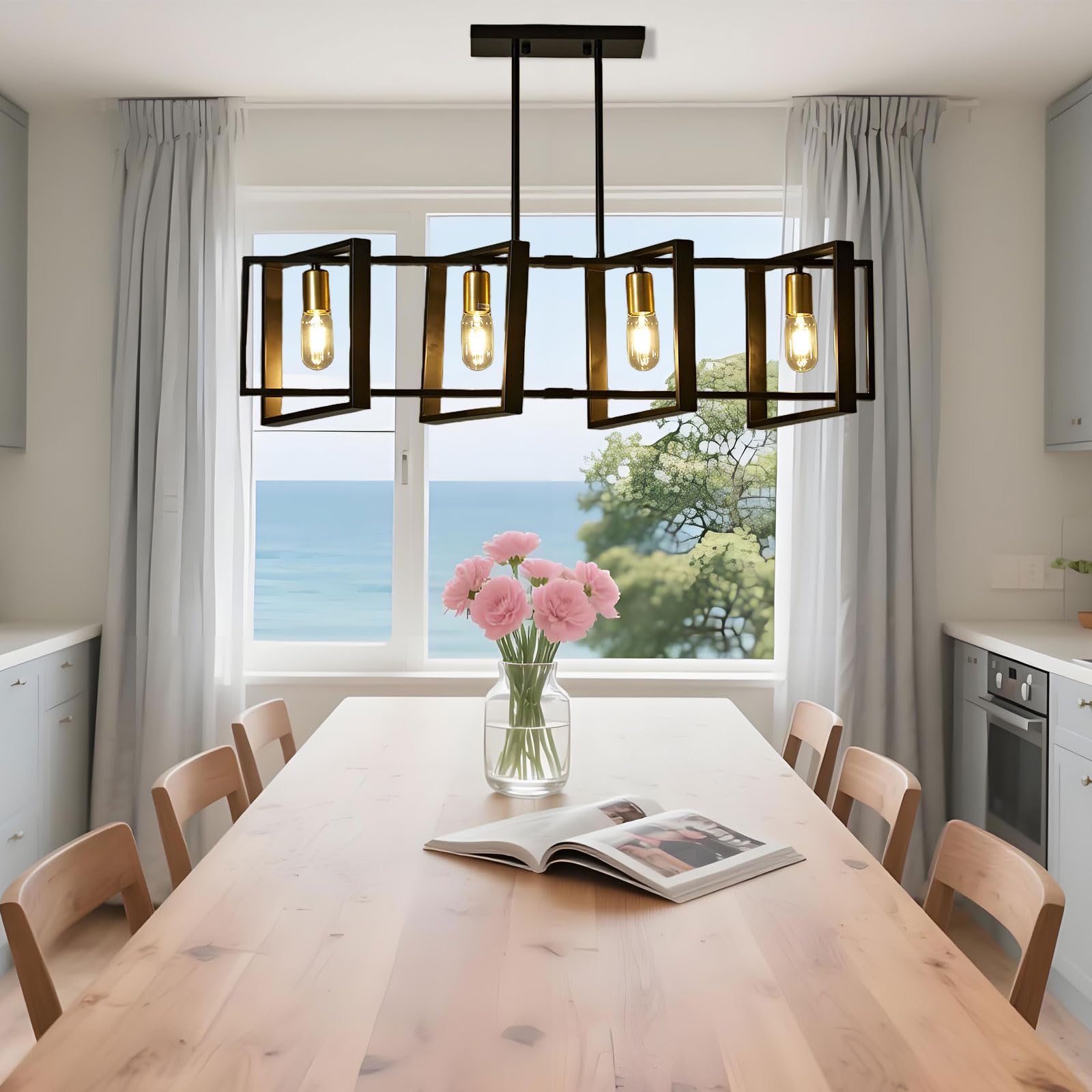 HTsilphelene lampadari da cucina, lampadario della tavola da pranzo, lampadari da cucina per la sala da pranzo il salone, corridoio del foyer, struttura di legno. (Nero,4 luci)