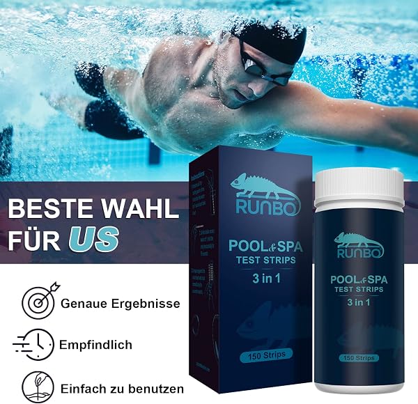 RUNBO 3-in-1 Pool-Teststreifen für Spa, 150 Stäbchen, Teststreifen, Wassertest-Set, genauer chemischer Tester für freies Chlor, Brom, Alkalinität, pH - 4