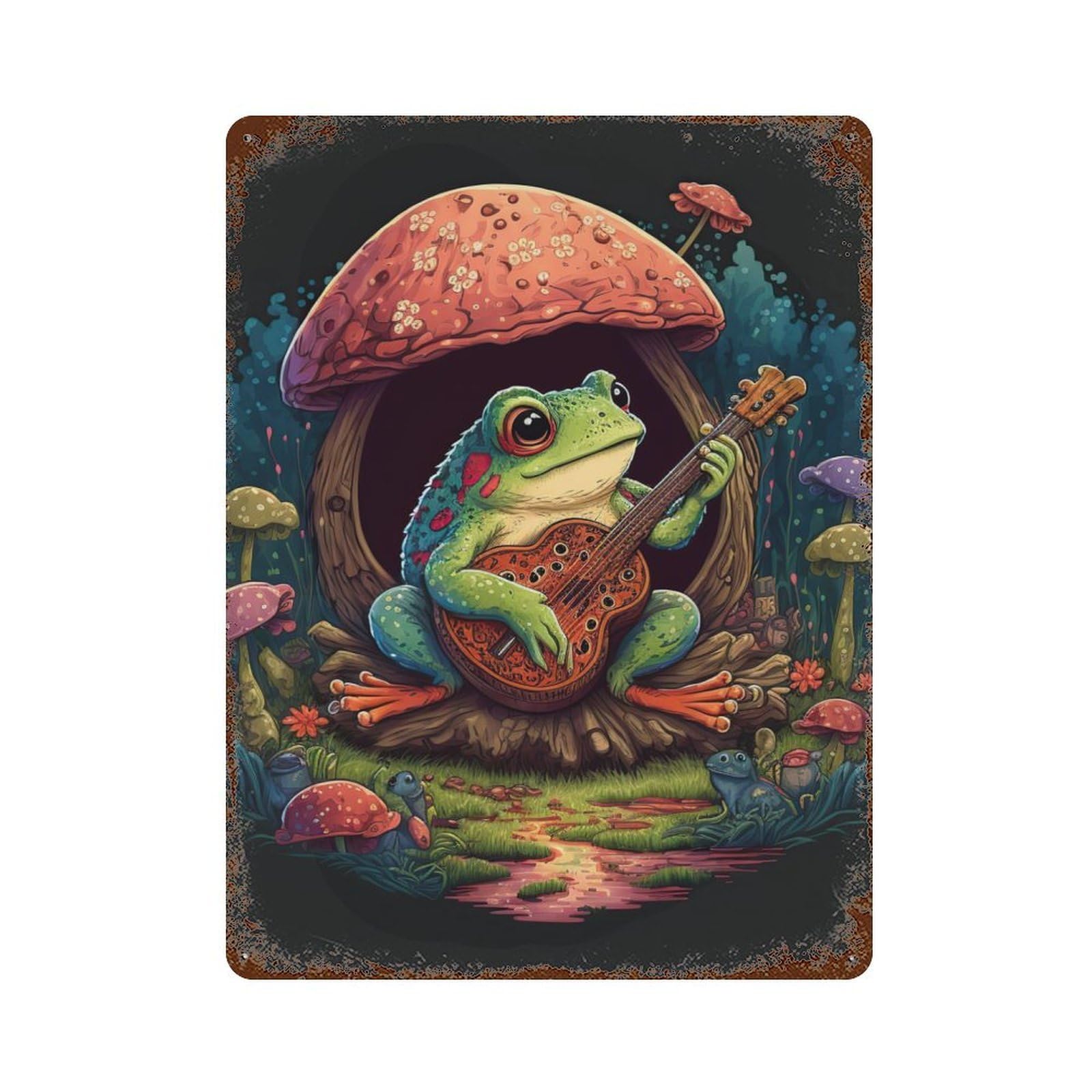 Rust Effect Frog Playing Banjo Vintage Rust Metal Sign 15.7"x11.8", Farmhouse Wall Decor for Farmhouse, Kitchen And Entryway Decor