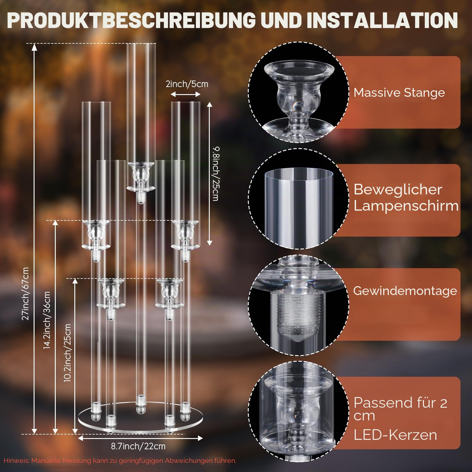 4X MSDADA Großer 5-Armiger Kerzenleuchter aus Acryl 68 cm, Hohe Klare Kerzenständer für Wohnzimmer Hochzeit Weihnachten Festliche Deko, Kompatibel mit 2 cm LED Stabkerzen