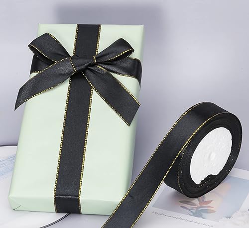 Miniatura 5 de Cinta de satén negra de 25 yardas y 1 pulgada con bordes dorados, cintas de tela con borde dorado para envolver regalos y manualidades