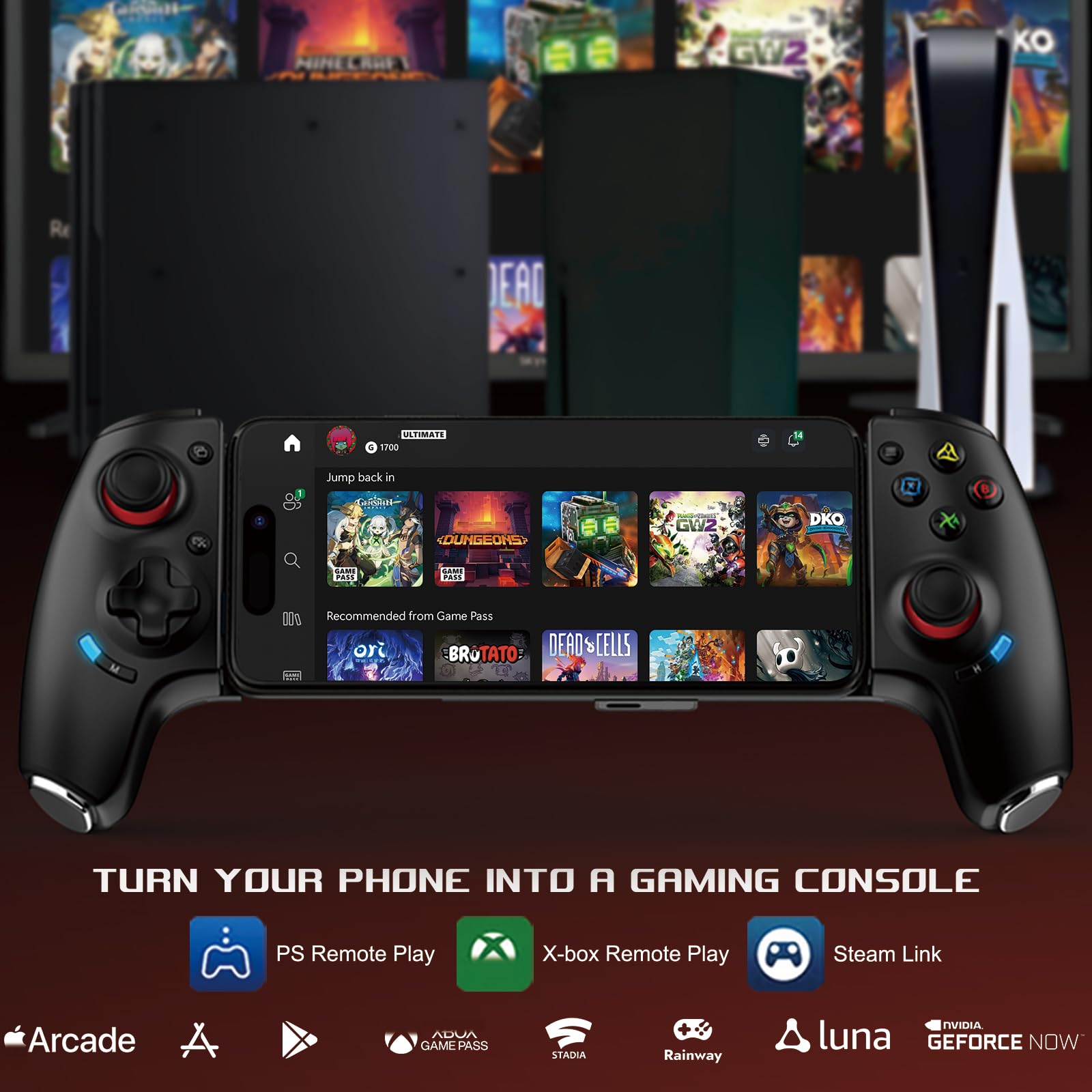 Gamepad wireless per iPhone/Android/PC/Switch, controller di gioco Bluetooth per PS Remote Play, Xbox Cloud, Steam Link, MFi Arcade Games – con joysticks/Hall Trigger/Turbo/Back Key