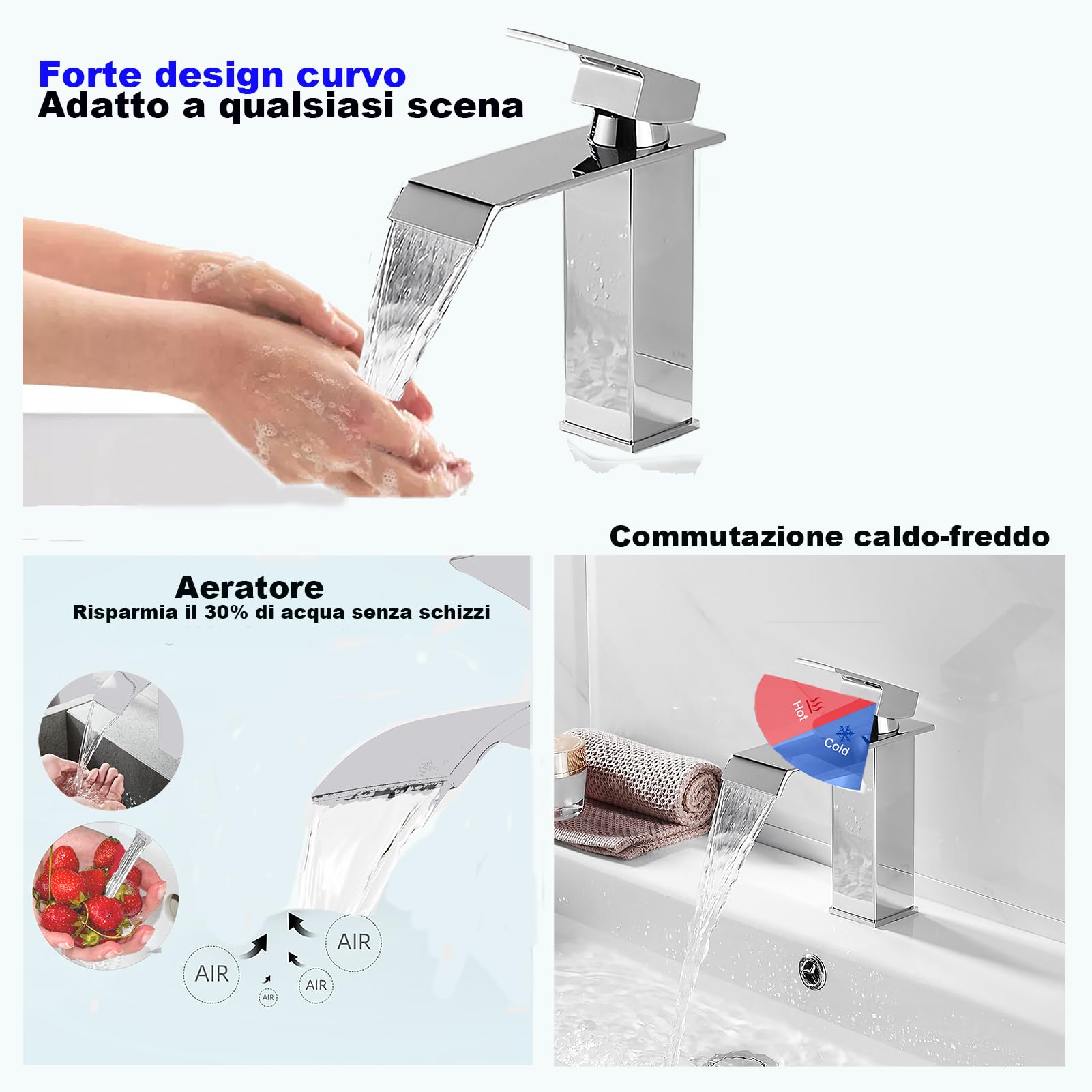 XWIHTR Rubinetto a cascata per bagno, rubinetto per lavabo a una maniglia, risparmio idrico, rubinetto per lavabo, bocca calda e fredda, rubinetto per bagno in ottone in acciaio inox (cromo)