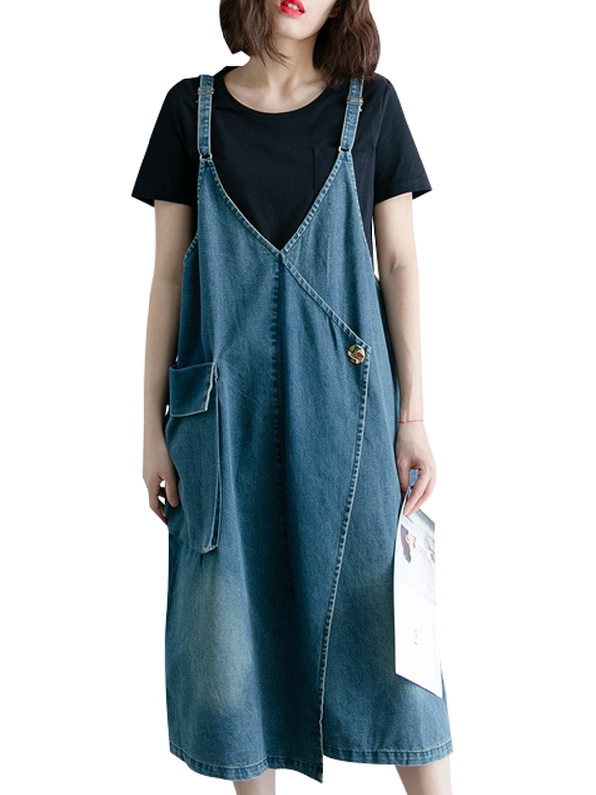 Mujeres Verano Grandes Bolsillos Vestidos de Jeans Vestido de Denim