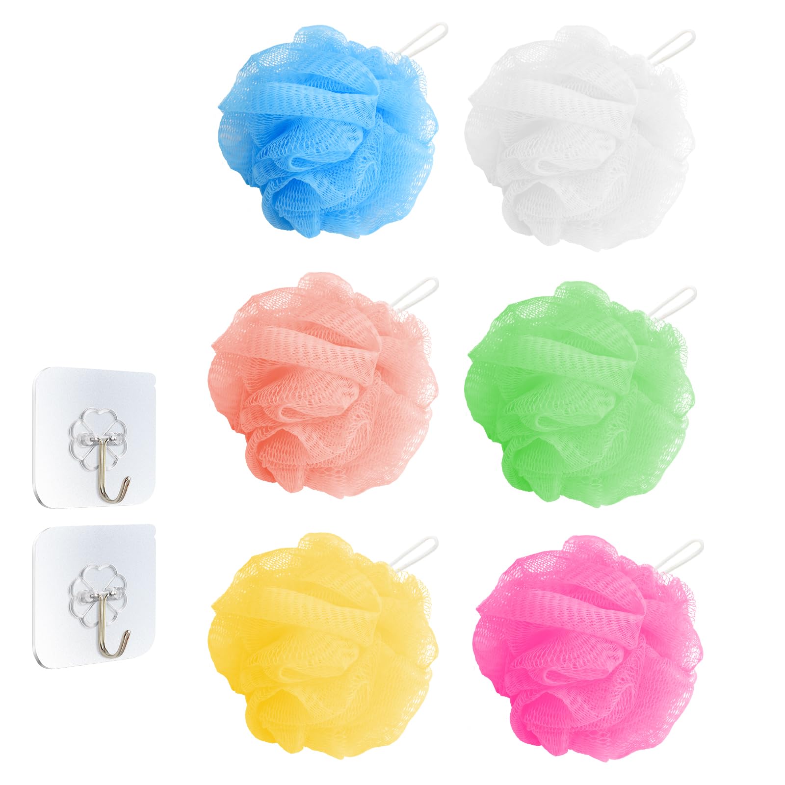 APOMOONS 6 Pezzi Spugna da Doccia Resistente E Morbida Spugna da Bagno Rete Tinta Unita Spugne da Bagno per La Il Corpo Pulizia Massaggio Scrub con Gancio, 45g