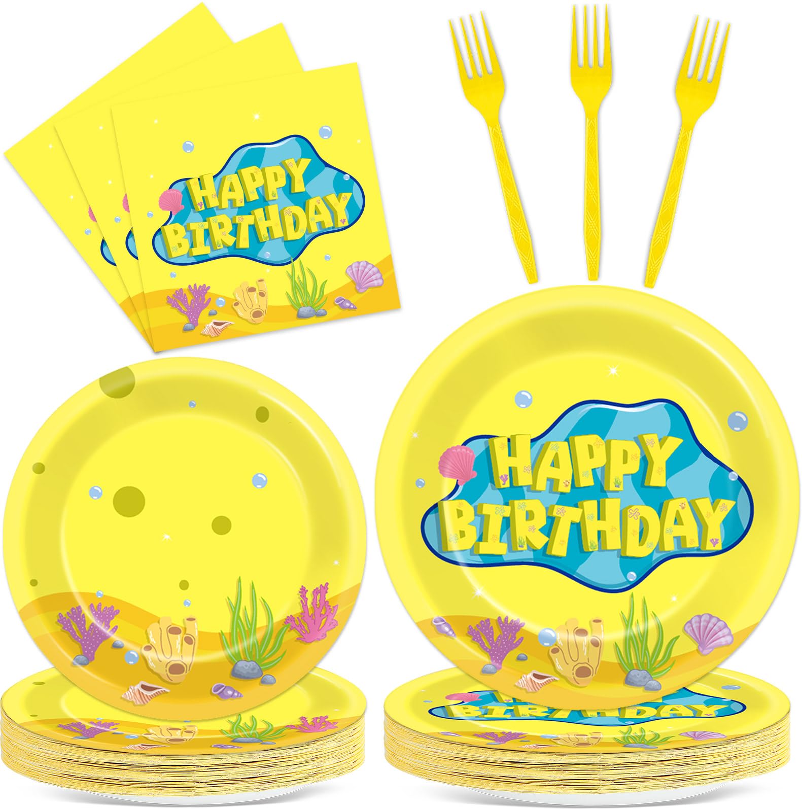 96Pcs Yellow Cartoon Paper Plates and Napkins Yellow Theme Birthday Party Supplies Ocean Disposable Dinnerware Tableware Set for Kid Undersea Happy