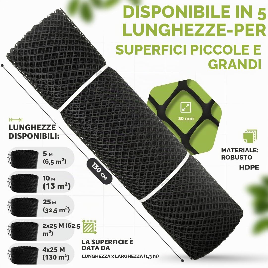 Florade Griglia per prato, larghezza 1,3 m, griglia contro cani che scavano, griglia in plastica HDPE per rinforzare il prato, maglie da 30 mm, 600 g/m², flessibile, lunghezza 10 m + 30 picchetti di