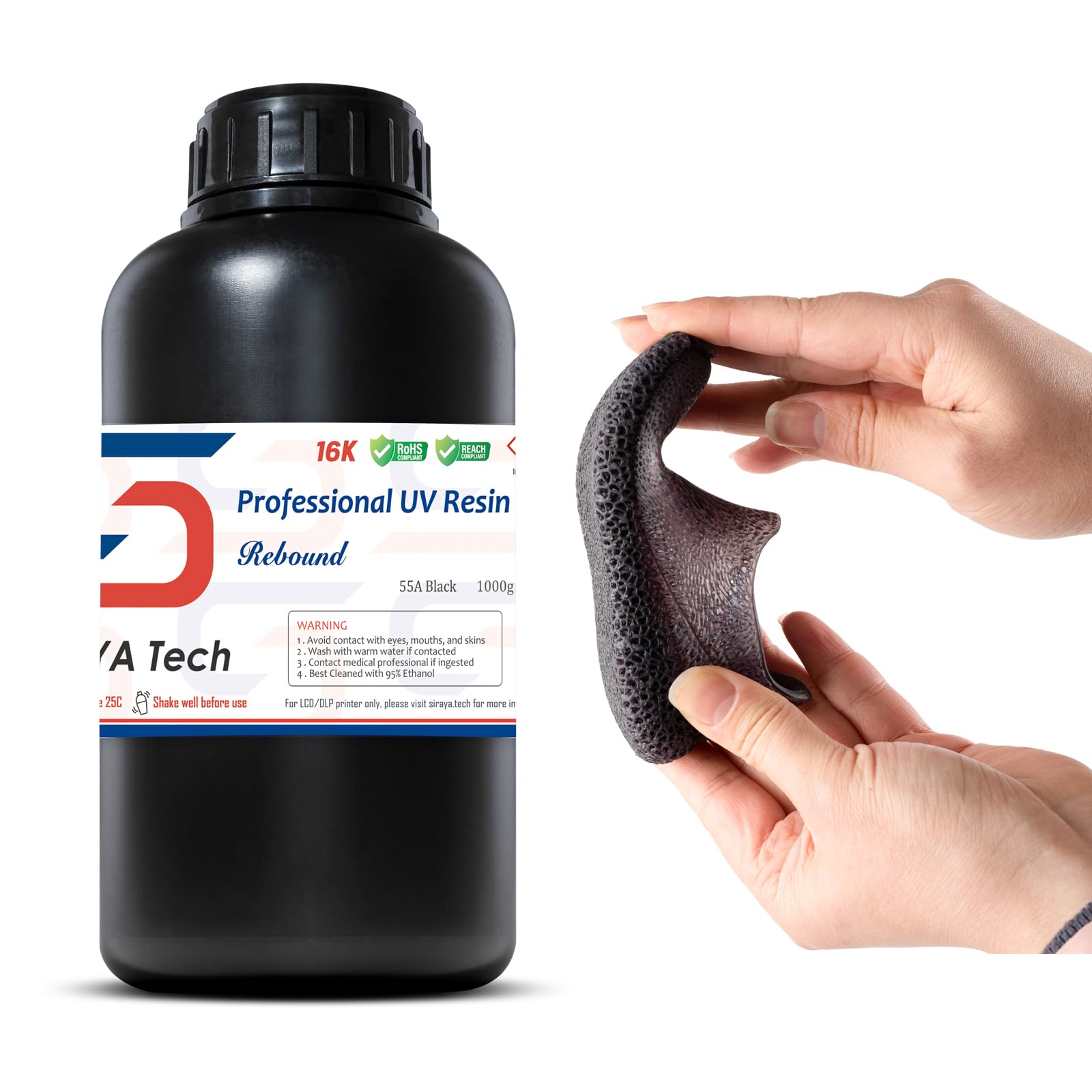 Siraya Tech Rebound 55A Black – Fast-Rebound 3D Printing Resin, High Elasticity, 55A Shore Hardness, Flexible & Shock-Absorbing – for Prototyping,