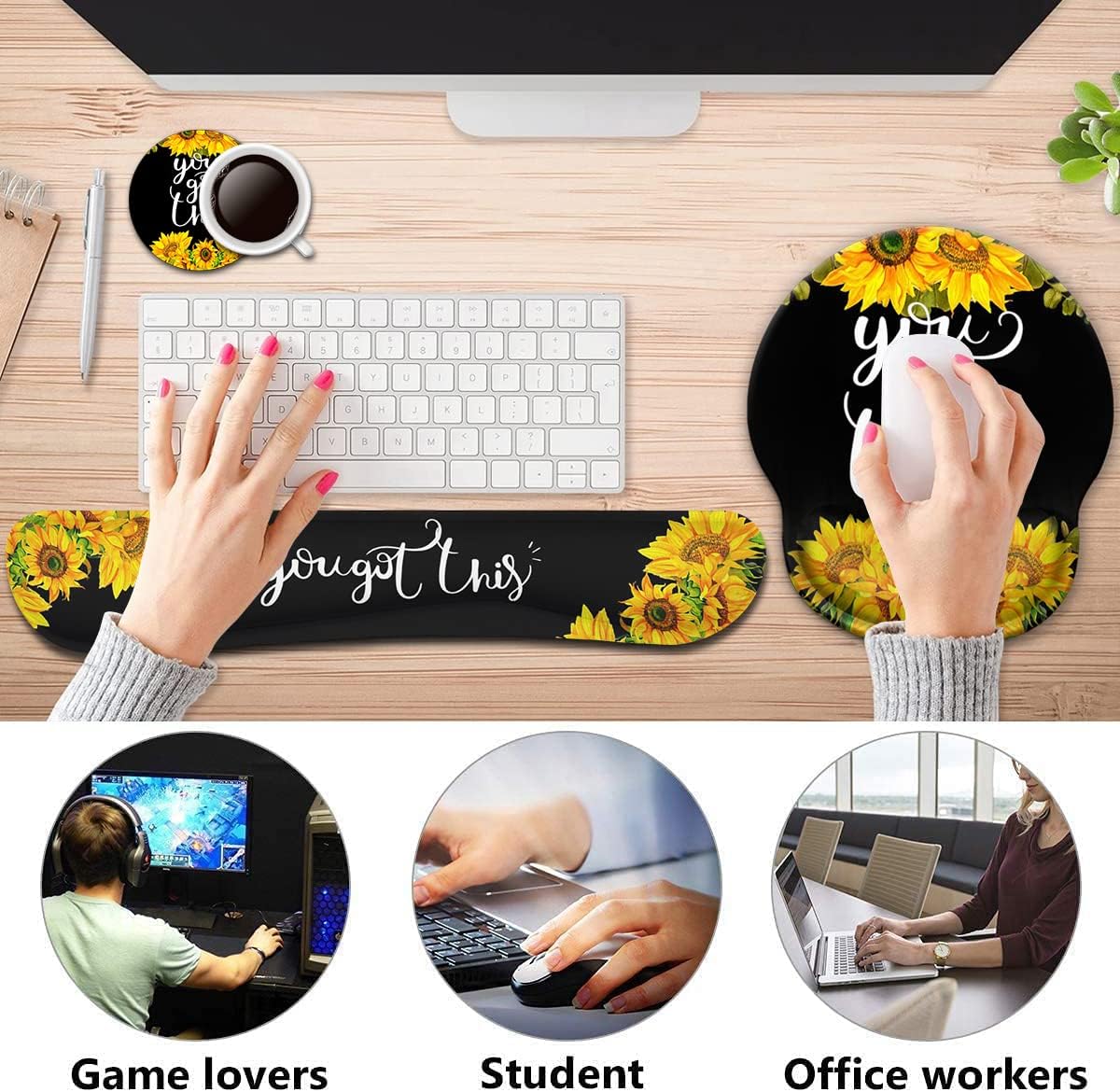 Keyboard Wrist Rest Pad and Ergonomic Mouse Pad Wrist Support Set for Computer, Gaming, Office, Durable, Comfortable and Pain Relief with Coaster Set - Motivation Quote You Got This Sunflower