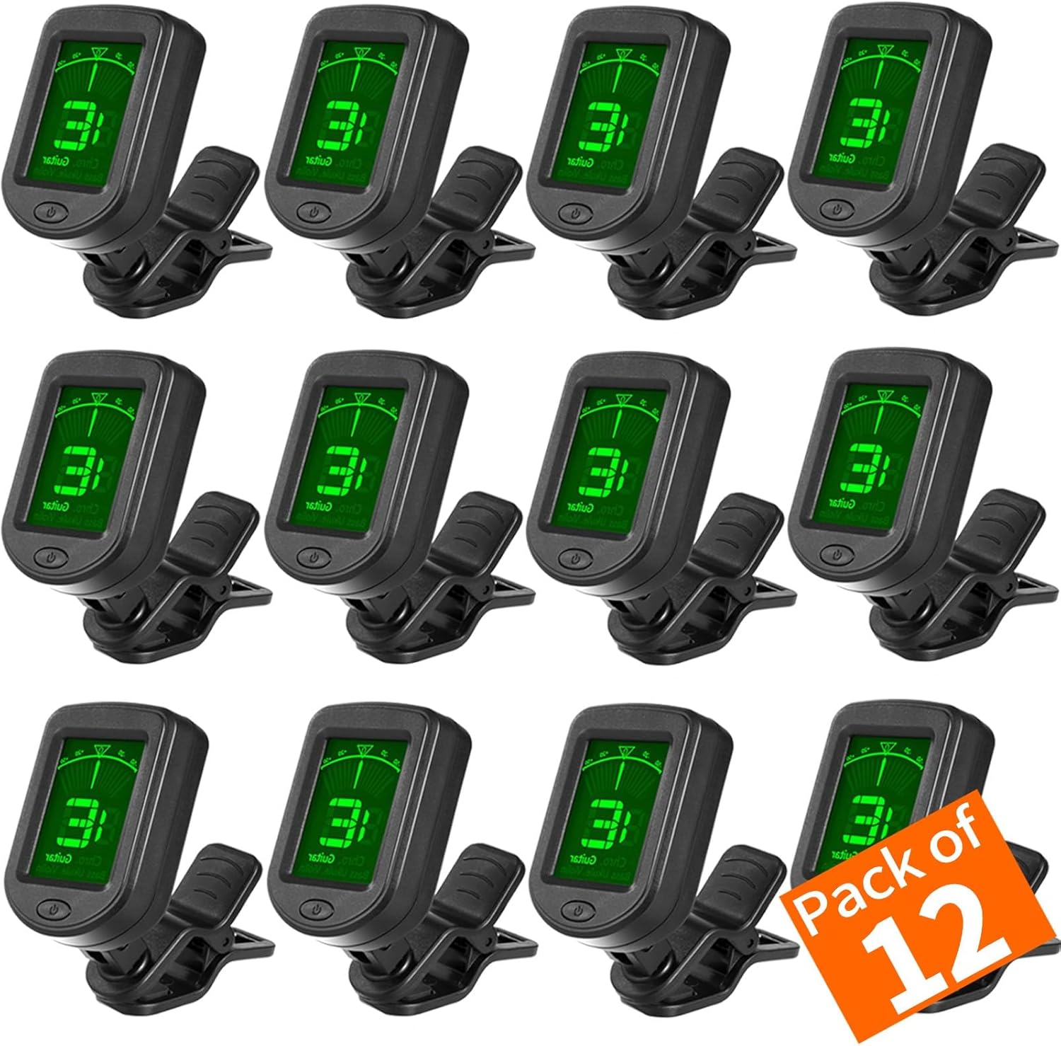 Guitar Tuner Clip On for Guitar, Bass, Ukulele, Violin, Banjo (12 Pack)