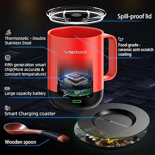 Miniatura 5 de VSITOO S3PRO - Taza de café térmica con control de temperatura, 14 onzas, taza de viaje inteligente con calentador de café controlado manual y por