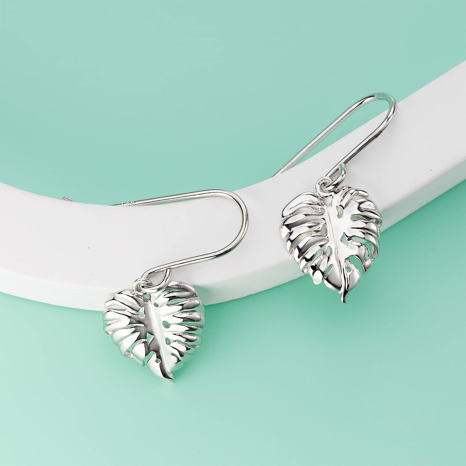 925 Sterling Silver Monstera Leaf Stud Dangle Hook Earrings, Nickel Free Hypoallergenic for Sensitive Skin, Hawaii Tropical Plant Jewelry for Women, with Gift Box - Image 2