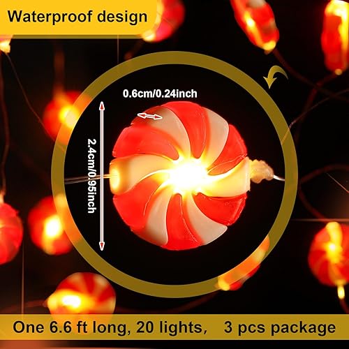 Miniatura 3 de Bencailor Paquete de 3 tiras de luces de caramelo de Navidad para árbol de Navidad, luces decorativas de piruleta roja, luces colgantes en árbol,