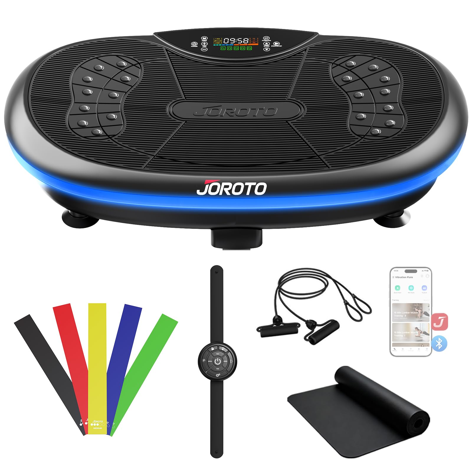 JOROTO Vibrationsplatte 4D für Zuhause - [3 leistungsstarke Motoren] Profi-Ganzkörpertraining | App-kompatibel | Integrierter Bluetooth-Lautsprecher  LED-Lichtern, bis 200 kg, Ideal für Heimfitness