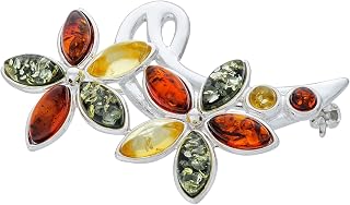 Women's Brooch Colourful Flowers III with Amber, Polished Sterling Silver, Baltic Natural Amber in Three Colours, A Gift for Any Occasion