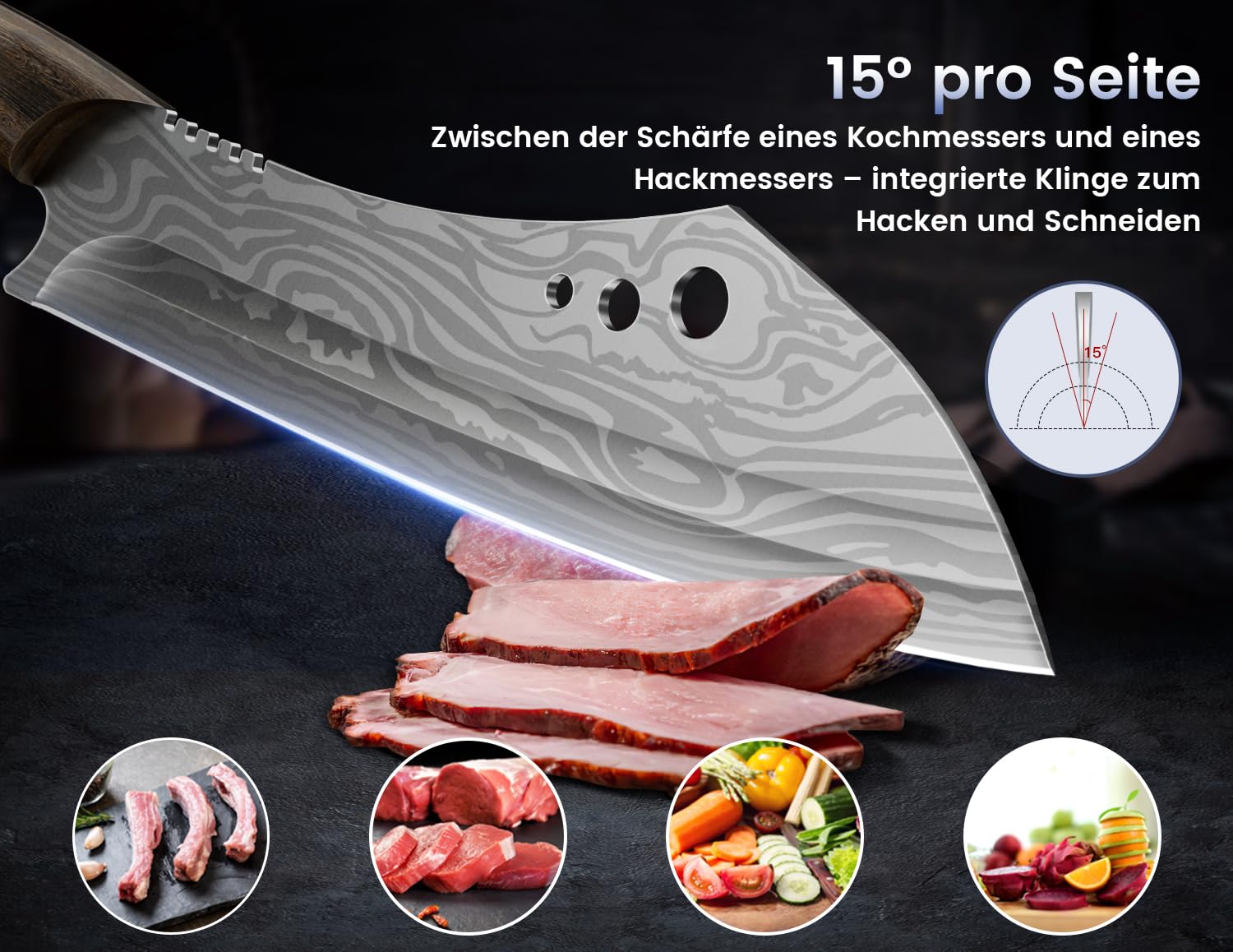 Metzgermesser, Kochmesser mit Kräuterstripper, Japanisches Küchenmesser aus Hochkohlenstoffstahl zum Hacken & Schneiden, Damastmuster, Griff aus Vollholz, Handl Ideal for Gift