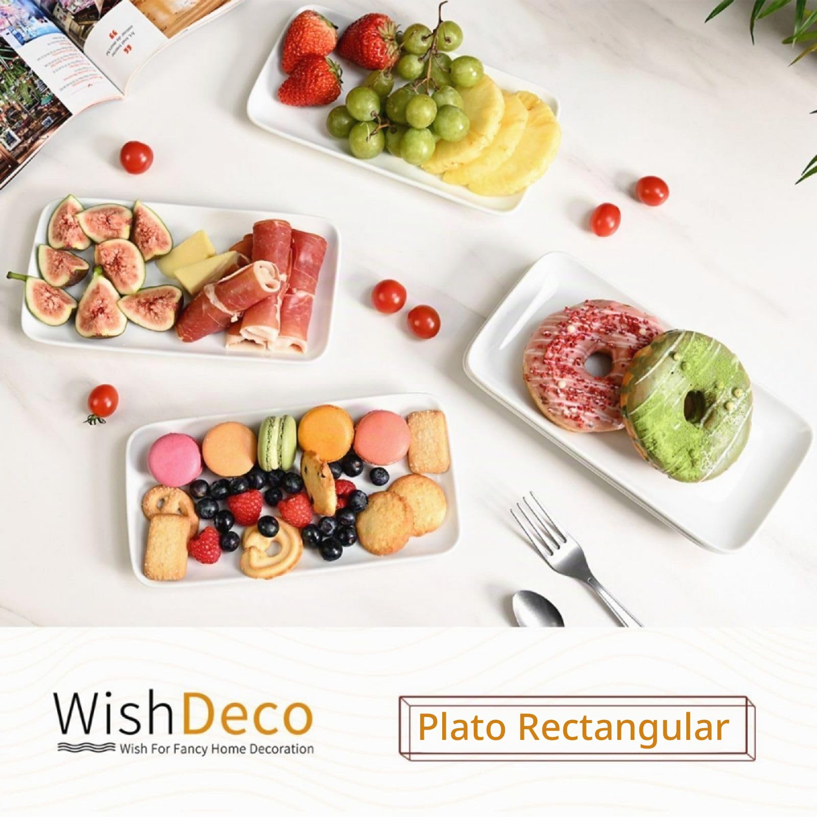 WishDeco Juego de 6 Fuente para Servir Comida, Platos Rectangulares, Blanco Platos de Porcelana 23x12 cm, Plato Servir Cerámica para Postre, Sushi, Aperitivo, Ensalada