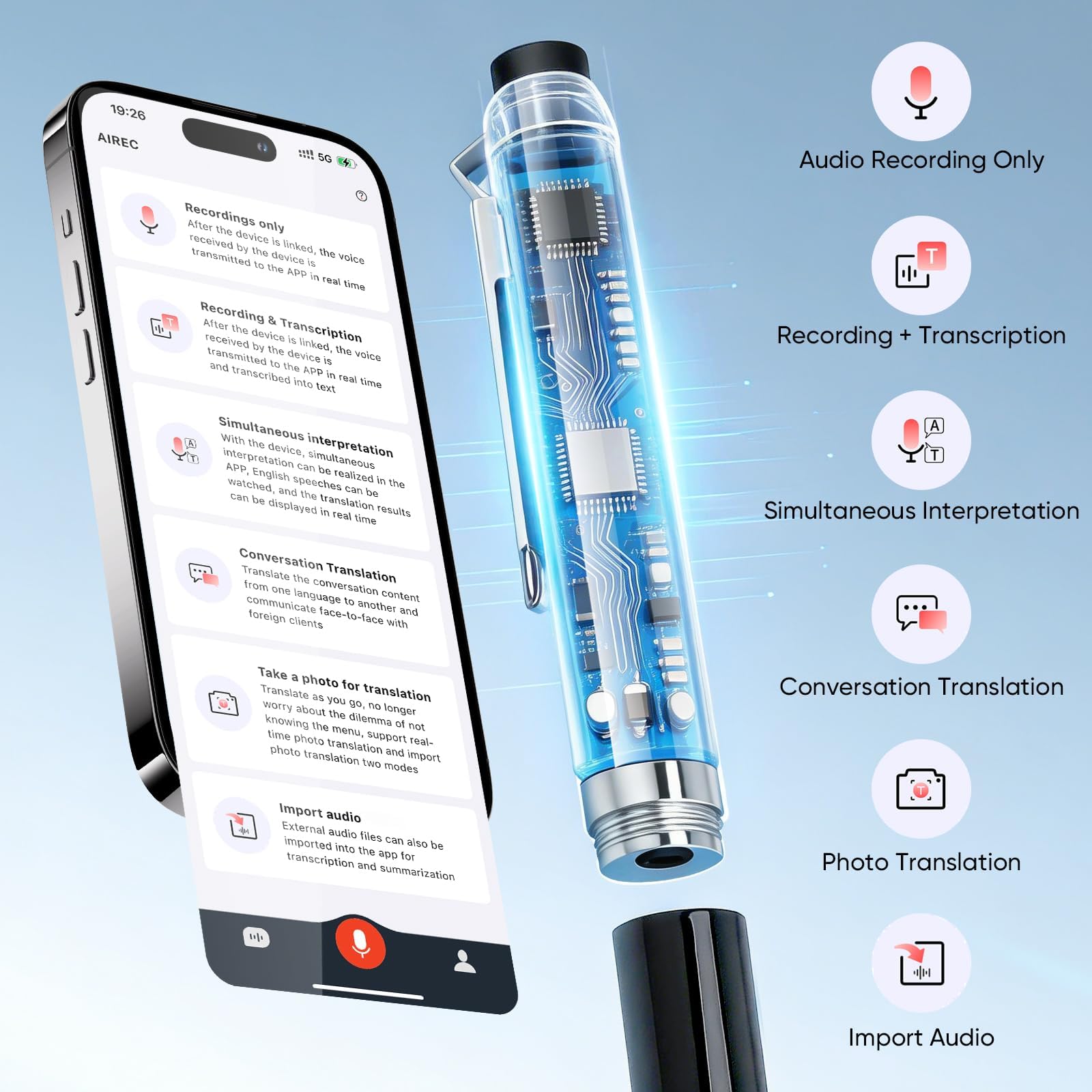 Stylo Enregistreur Vocal IA 64 Go, Transcription & Traduction en Temps Réel, Micro 360°, 10h Autonomie