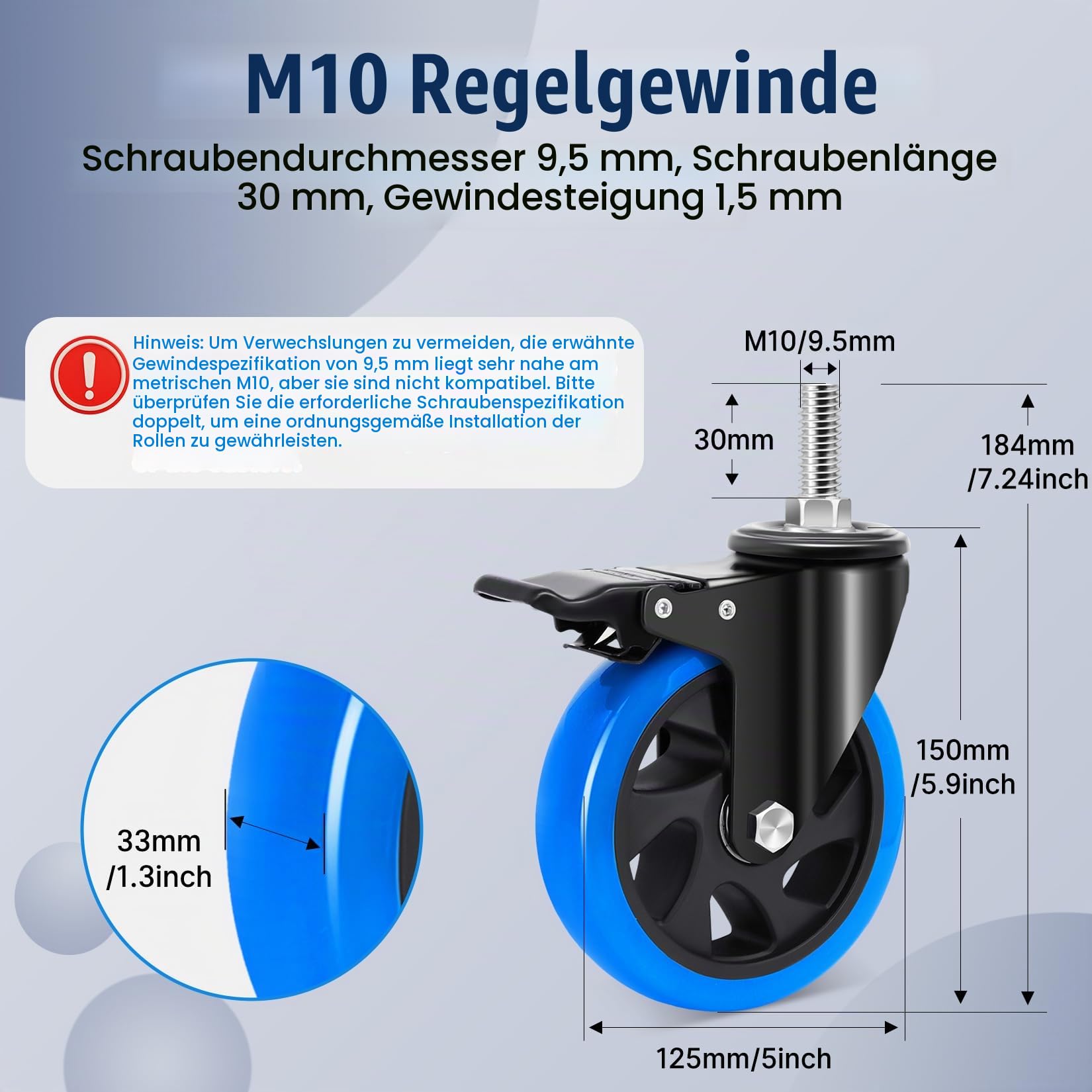 125mm Möbelrollen mit Bremse, M10 x 1,5x 30mm (Schaftdurchmesser 9.5mm, Schaftlänge 30mm), Rollen für Möbel Tragfähigkeit 800KG, Schwerlastrollen Lenkrollen für Möbel, Transport, Gasgrill