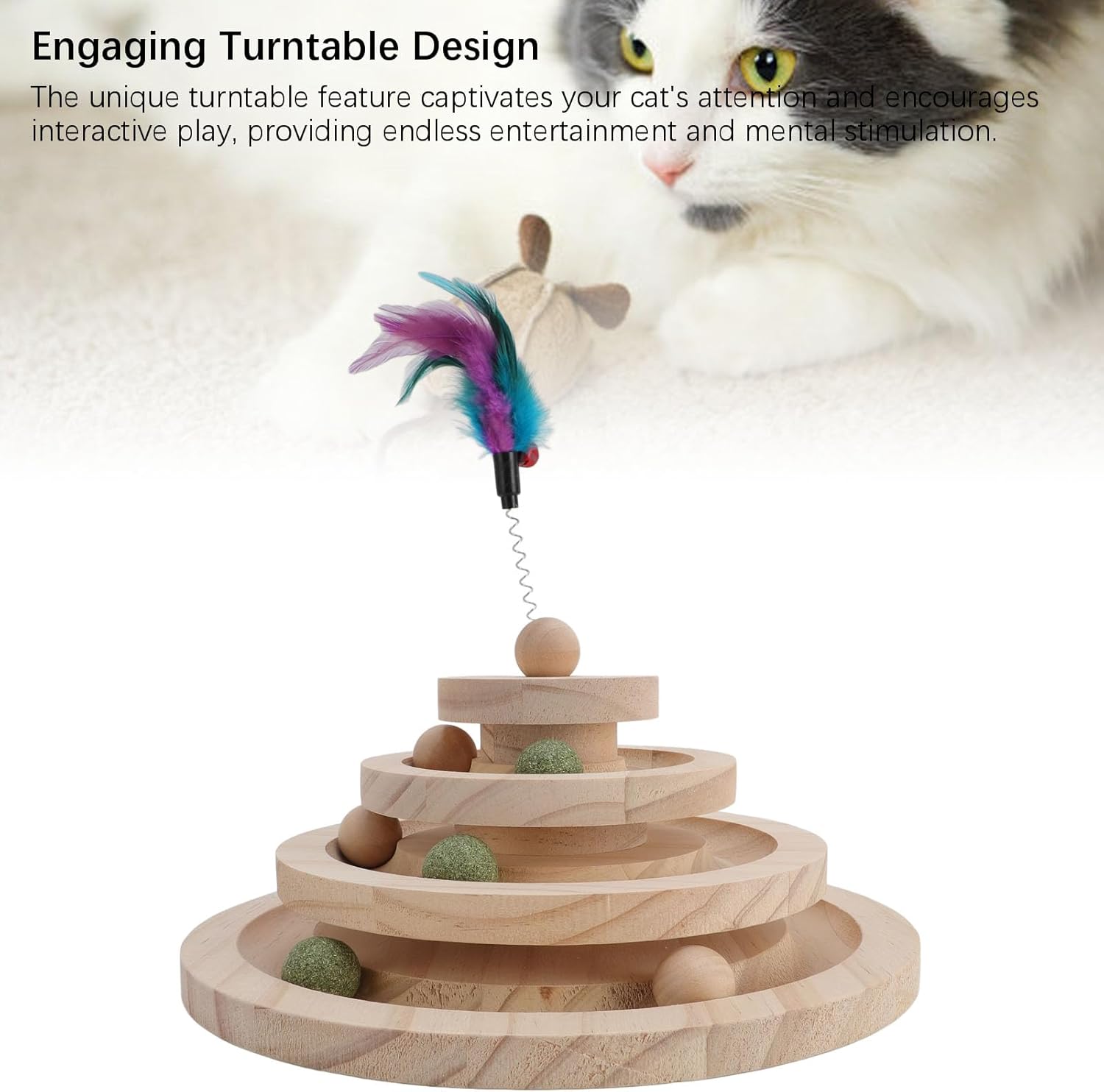 Cat Toys 4Tier Roller Track,Multi Level Interactive Cat Toys Cat Toy Roller 3 Level Turntable Cat Toys Balls with Six Colorful Balls Cat Toy Ball Interactive Wooden Cat Toy for