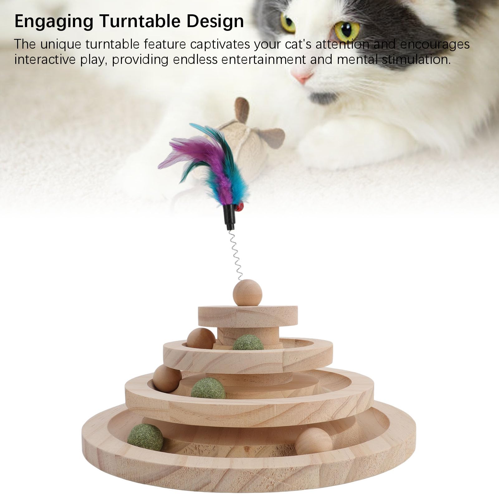 Asixxsix Rouleau de Jeu pour Chat à 4 Niveaux avec balles rotatives en Bois Massif. Jouet interactif pour Chatons avec Balle tournante.