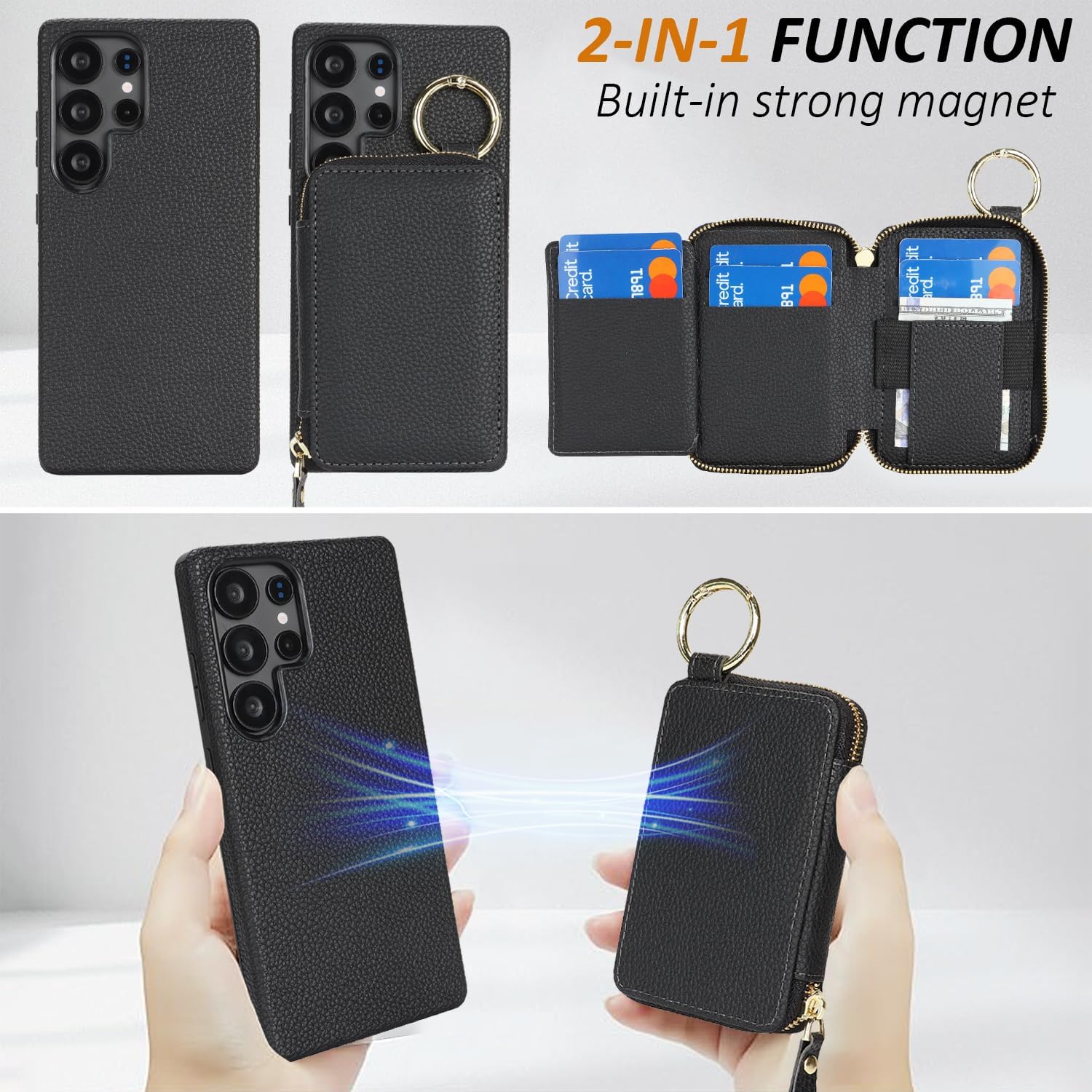 for Galaxy S25 Ultra Wallet Case with Credit Card Holder Slots, Compatible with Magsafe Magnetic 2 in 1 Detachable PU Leather Zipper Women Men Cover for GalaxyS25Ultra, 6.9 Inch -Black - Image 2