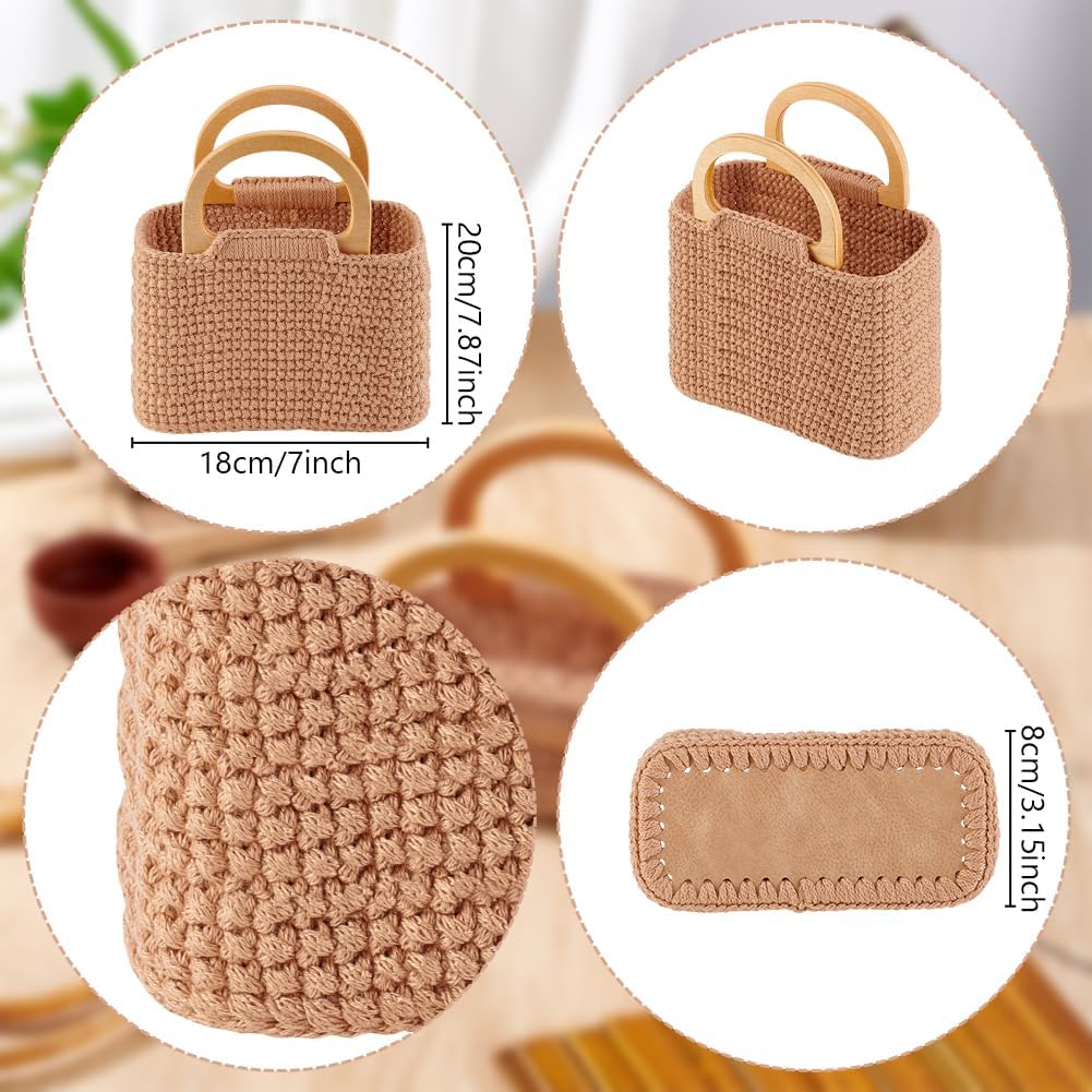 FREEBLOSS Crochet Bag Kit for Beginners Handbag Making Kit Crochet Starter Set with Instruction PU Leather Bottom D Shaped Wooden Handle DIY Handmade Bag with Beige Fluffy Yarn